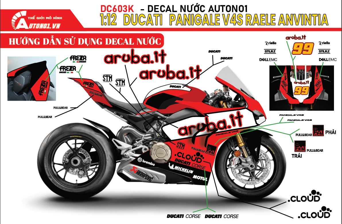  DECAL NƯỚC ĐỘ DUCATI PANIGALE V4 ARUBA.IT TỈ LỆ 1:12 AUTONO1 DC603K 