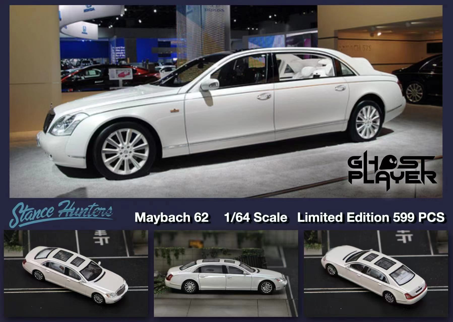  Mô hình xe Maybach 62 limited 599pcs trắng ngọc trai 1:64 Stance Hunters x Ghost player SW64056 