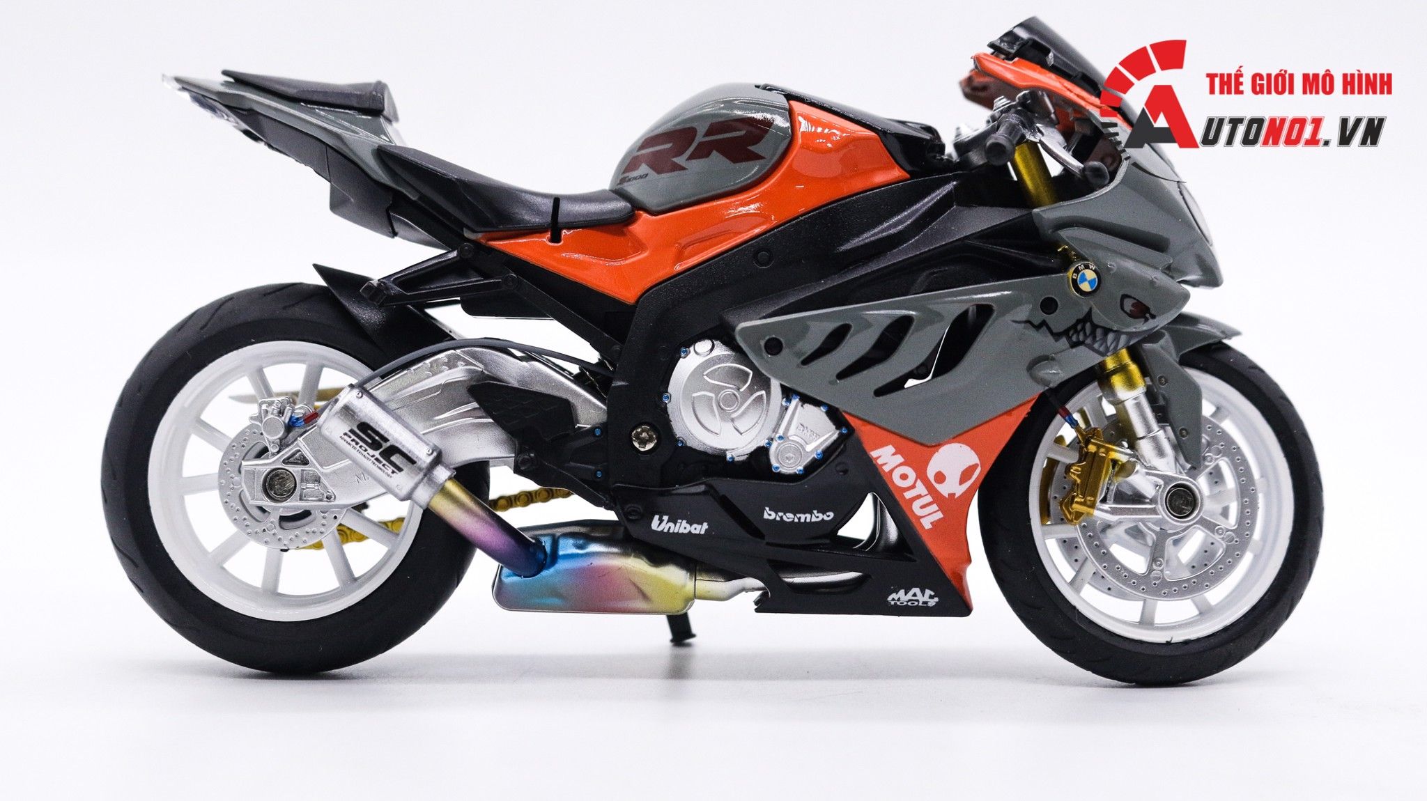  Mô hình xe độ Bmw S1000rr Hàm Cá Mập Gray - Orange - Pô Sc 1:12 Autono1 MSZ D224H 