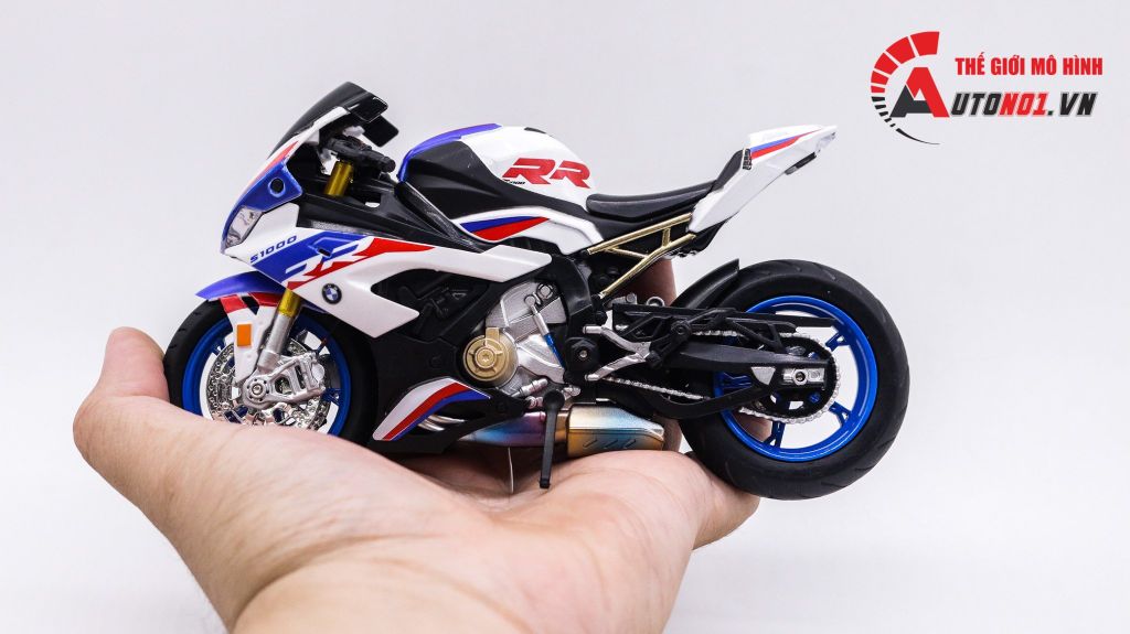 MÔ HÌNH XE ĐỘ BMW S1000RR WHITE BLUE 2020 ĐỘ PÔ AR KIM LOẠI 1:12 D116