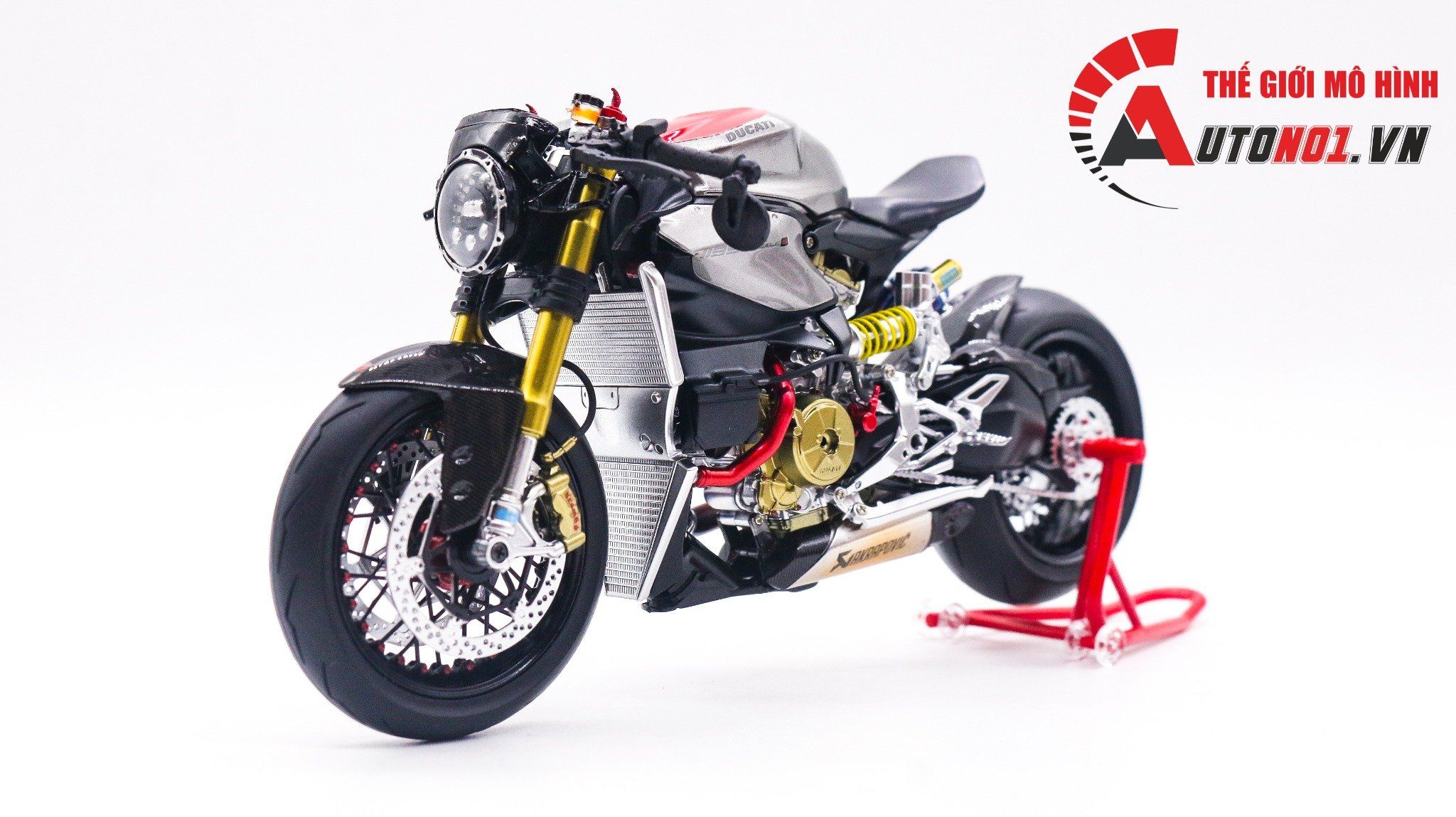  Mô hình xe cao cấp Ducati 1199 Panigale Cafe Racer Grey Red cao cấp nồi khô ghi đông mâm căm 1:12 Tamiya D201 