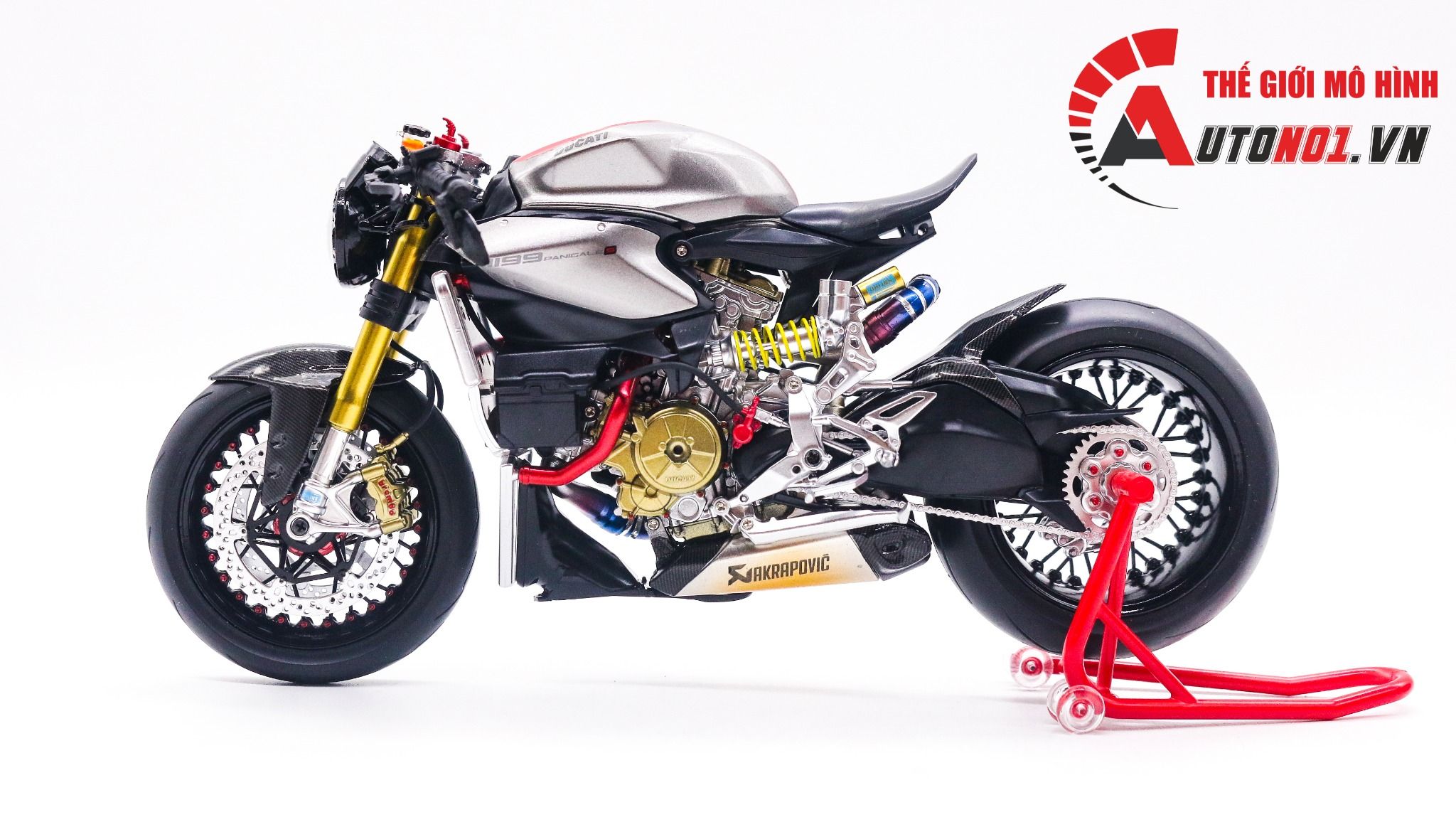  Mô hình xe cao cấp Ducati 1199 Panigale Cafe Racer Grey Red cao cấp nồi khô ghi đông mâm căm 1:12 Tamiya D201 