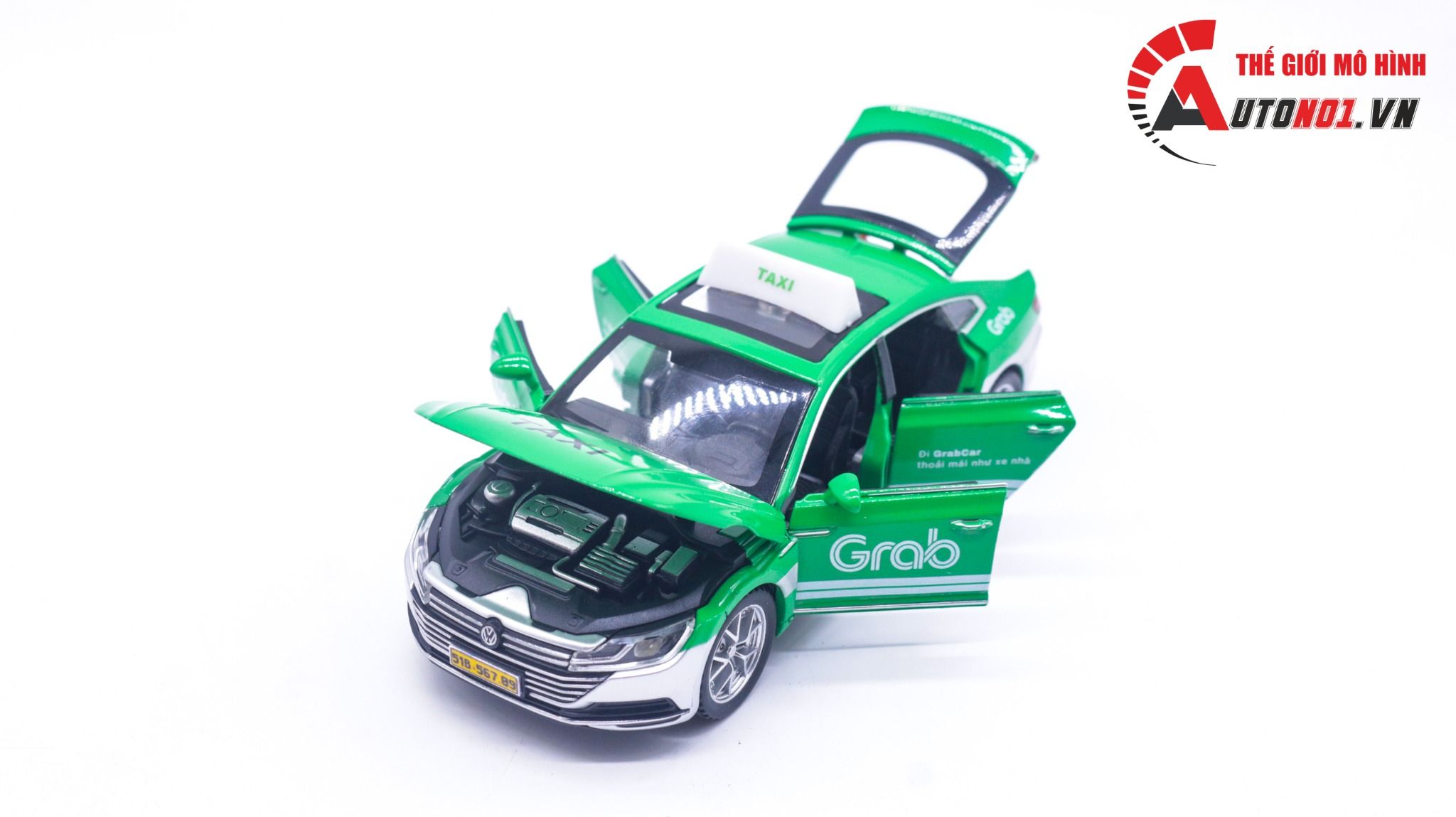  Mô hình xe dịch vụ taxi Volkwagen CC độ tem Grab full open có âm thanh-đèn tỉ lệ 1:32 Autono1 Chezhi OT204 