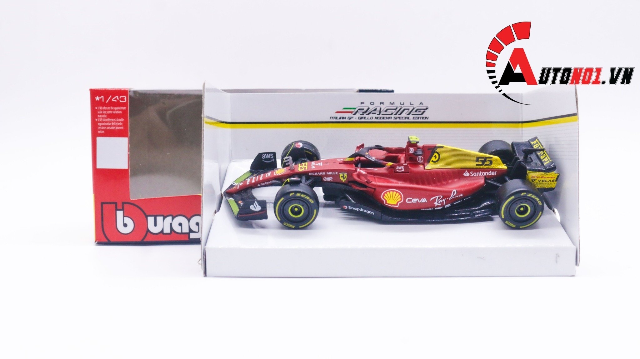  Mô hình xe đua F1 - 75 Ferrari #55 Carlos Sainz 2022 tỉ lệ 1:43 Bburago OT209 