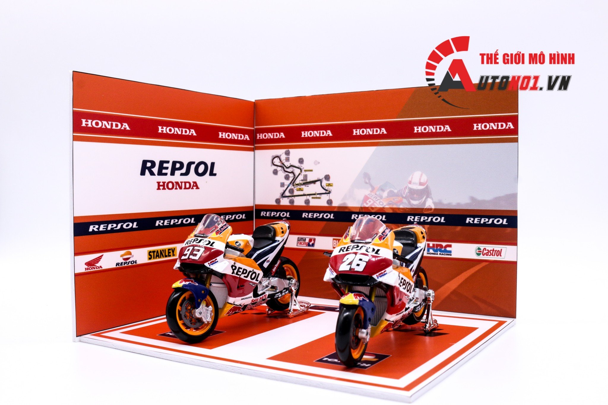  DIORAMA 1:18 MÔ TÔ GP SHOWROOM HONDA REPSOL 20X18X15CM DR008H 