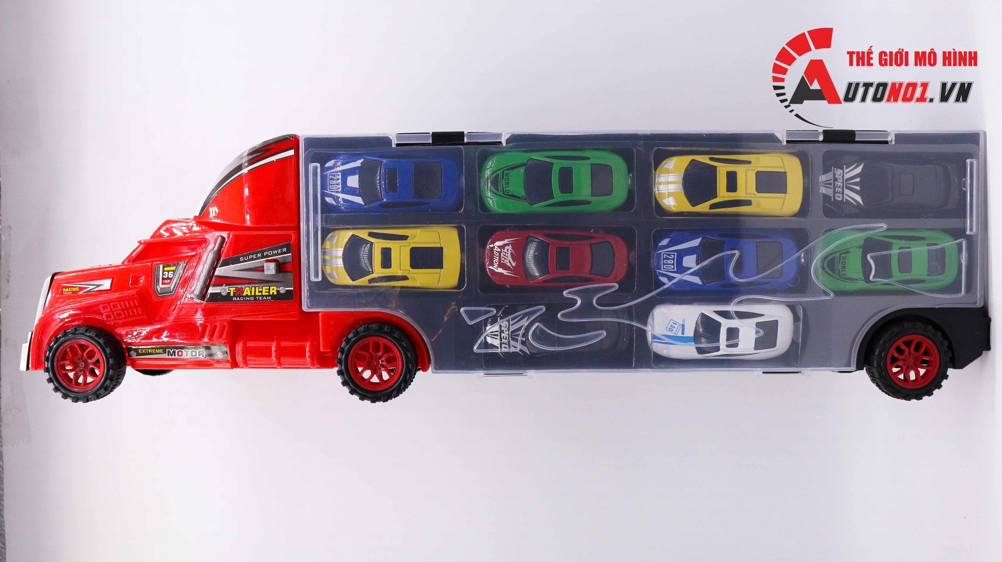  Đồ chơi xe container nhựa chở xe nhỏ 10 chiếc trượt tự động tỉ lệ 1:64 7308 