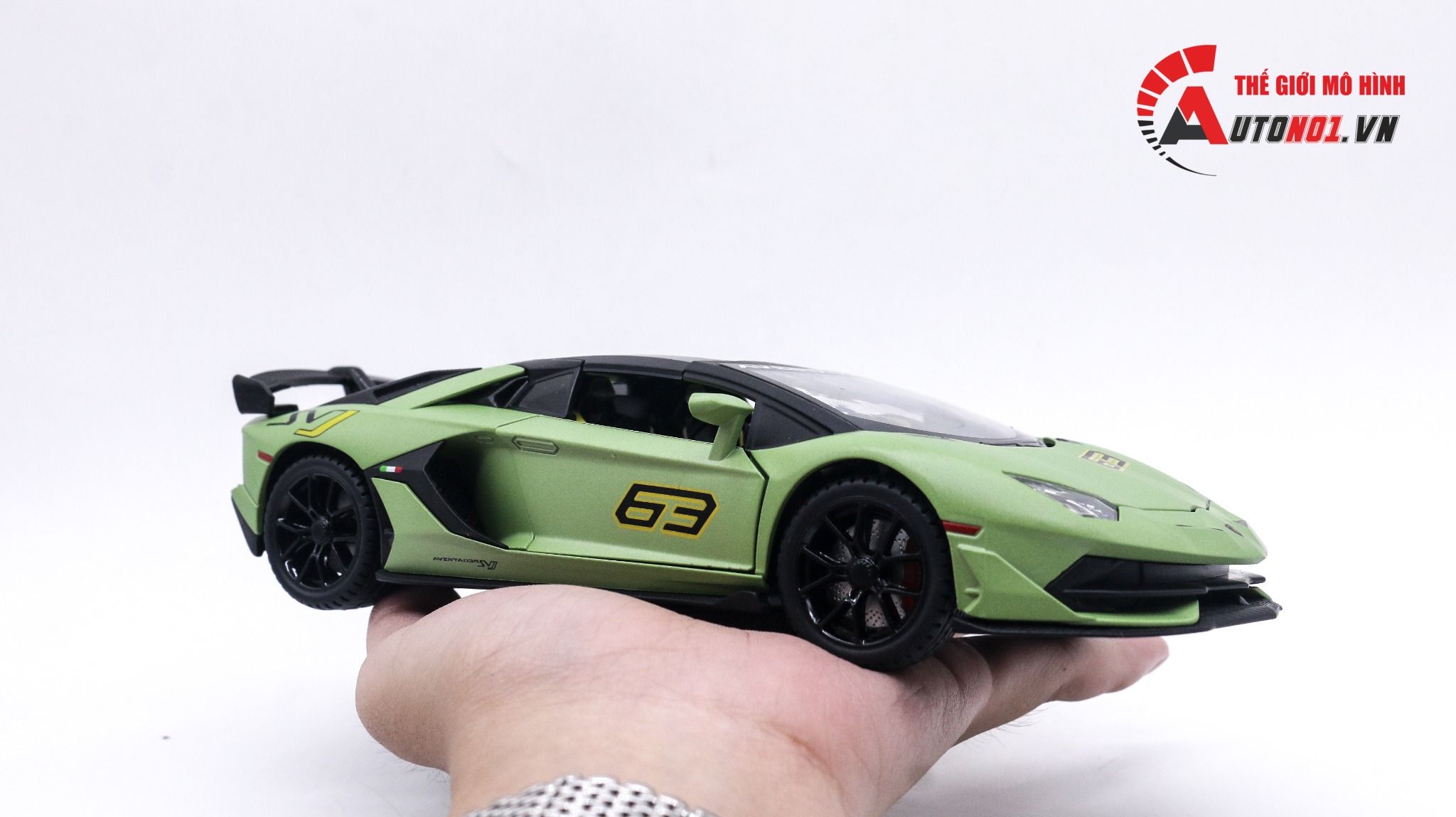  Mô hình xe Lamborghini Aventador Svj63 đánh lái được full open, mui xe có thể tháo rời 1:24 Miniauto DC24301 