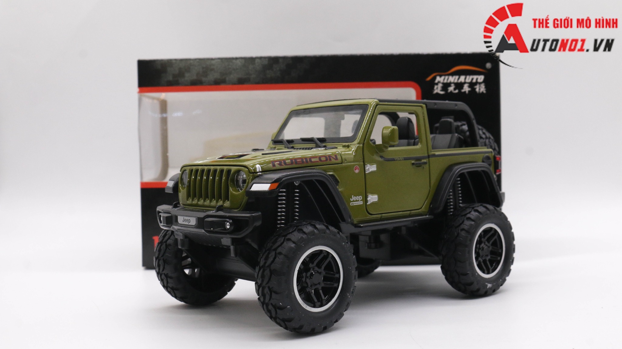 MÔ HÌNH XE JEEP RUBICON OFFROAD MUI TRẦN GREEN 1:20 MINIAUTO 7777