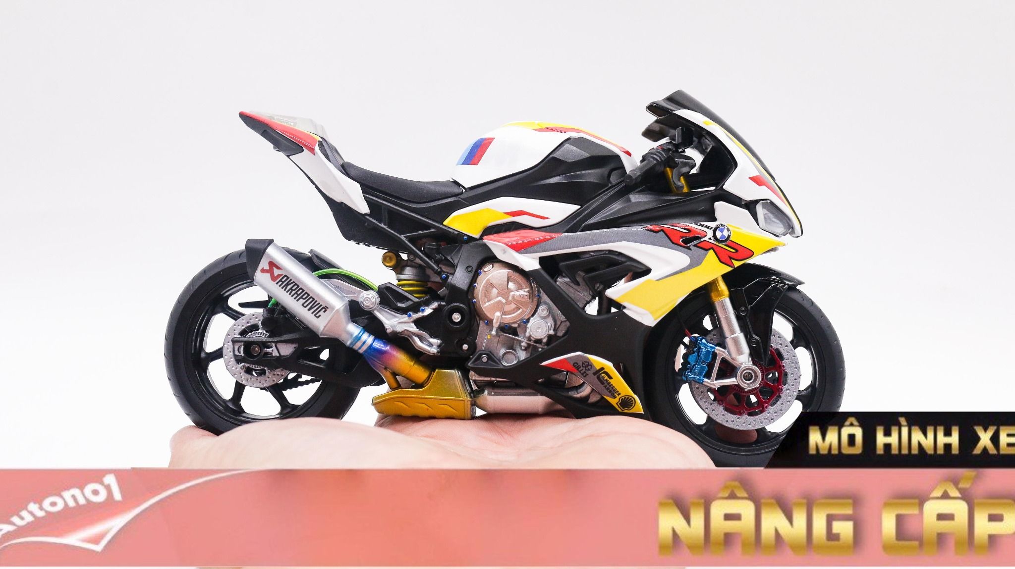  Mô hình xe độ Bmw S1000rr Sbk 2020 Yellow Red tỉ lệ 1:12 Autono1 Welly D226C 