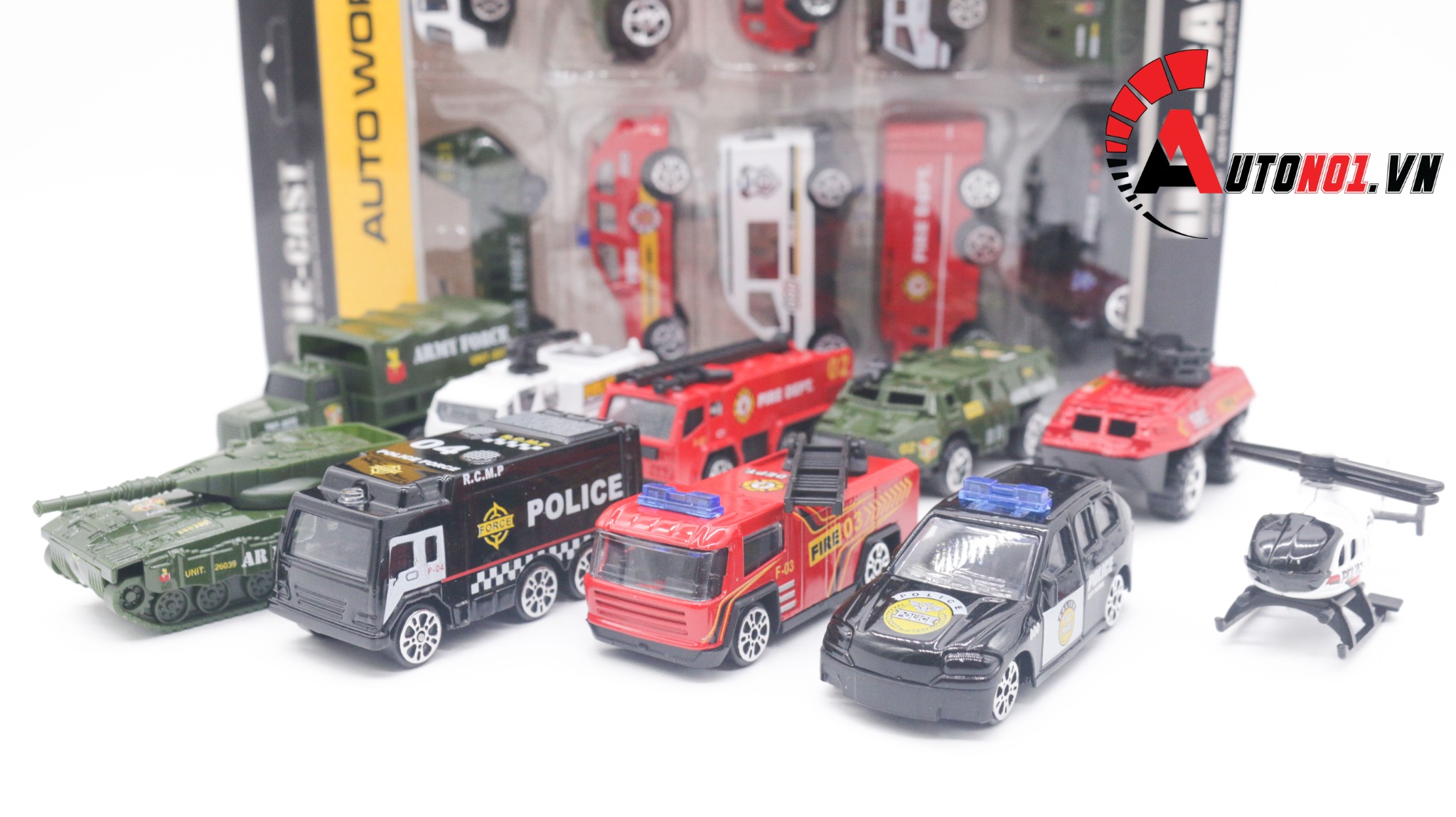  Đồ chơi vĩ xe mô hình kim loại 10 xe cảnh sát cứu hỏa quân sự trực thăng 1:64 diecast T001 