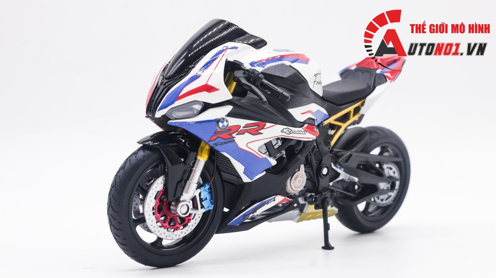  Mô hình xe độ Bmw S1000rr Frances Blue Red White tỉ lệ 1:12 Autono1 Welly D226F 