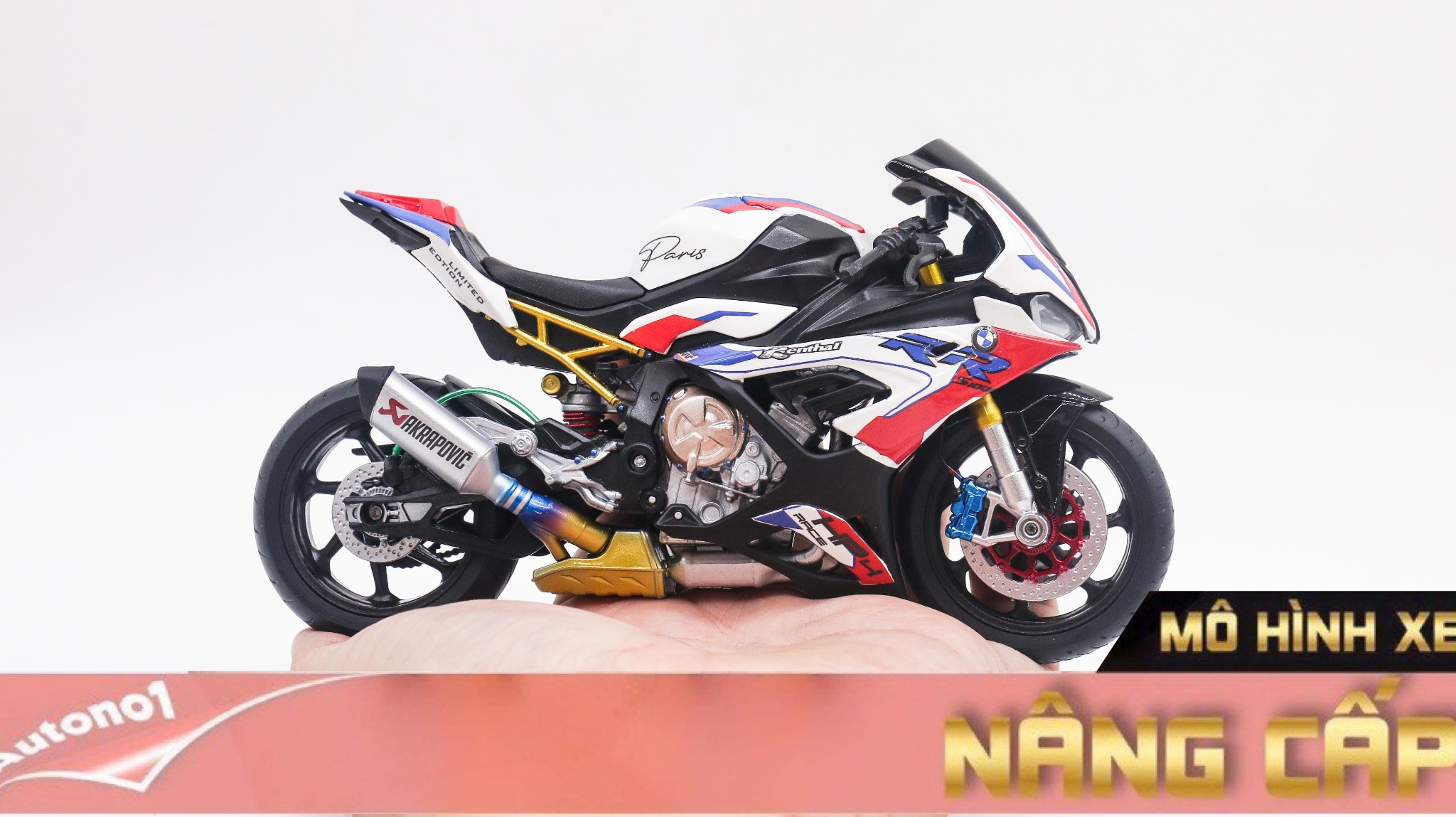  Mô hình xe độ Bmw S1000rr Frances Blue Red White tỉ lệ 1:12 Autono1 Welly D226F 