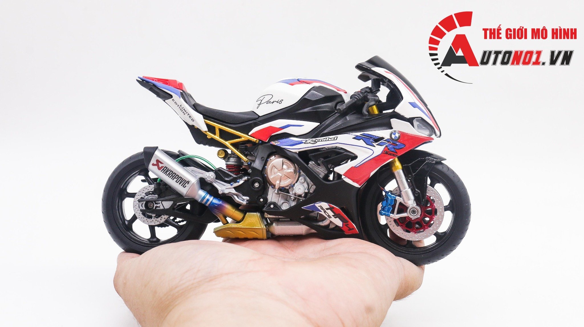  Mô hình xe độ Bmw S1000rr Frances Blue Red White tỉ lệ 1:12 Autono1 Welly D226F 