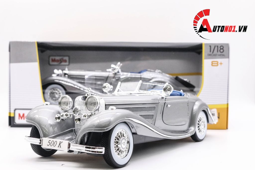 MÔ HÌNH XE MERCEDES BENZ 500K TYP SPECIAL ROADSTER 1936 GREY 1:18 MAISTO 3996