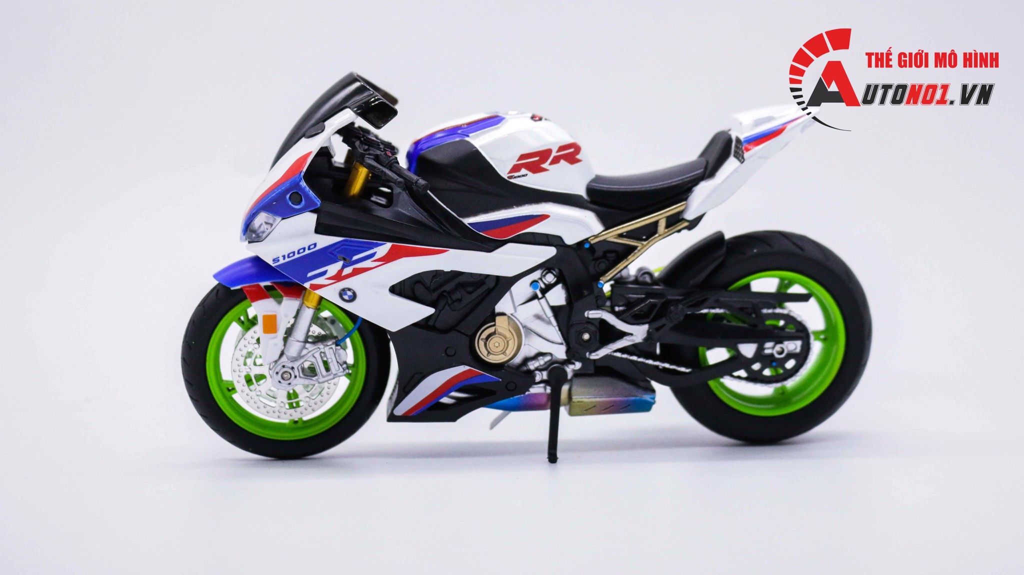  Mô hình xe độ Bmw S1000rr White Blue 2020 độ Pô 1:12 Autono1 Alloy D160E 