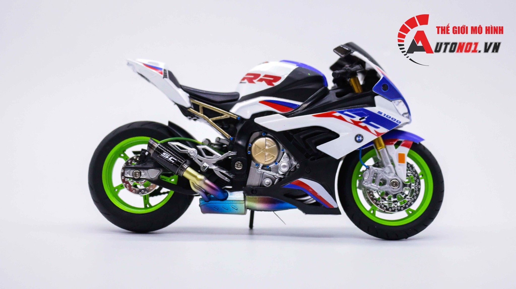  Mô hình xe độ Bmw S1000rr White Blue 2020 độ Pô 1:12 Autono1 Alloy D160E 