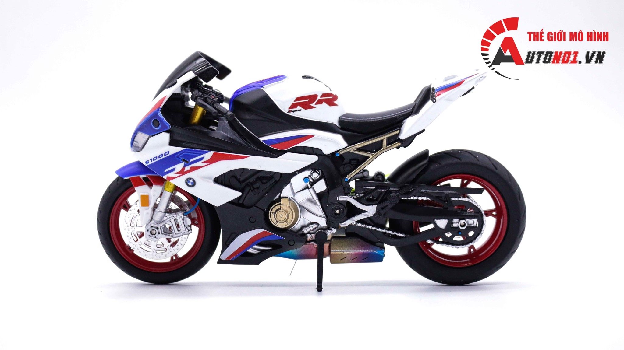  Mô hình xe độ Bmw S1000rr White Blue 2020 độ Pô 1:12 Autono1 Alloy D160E 