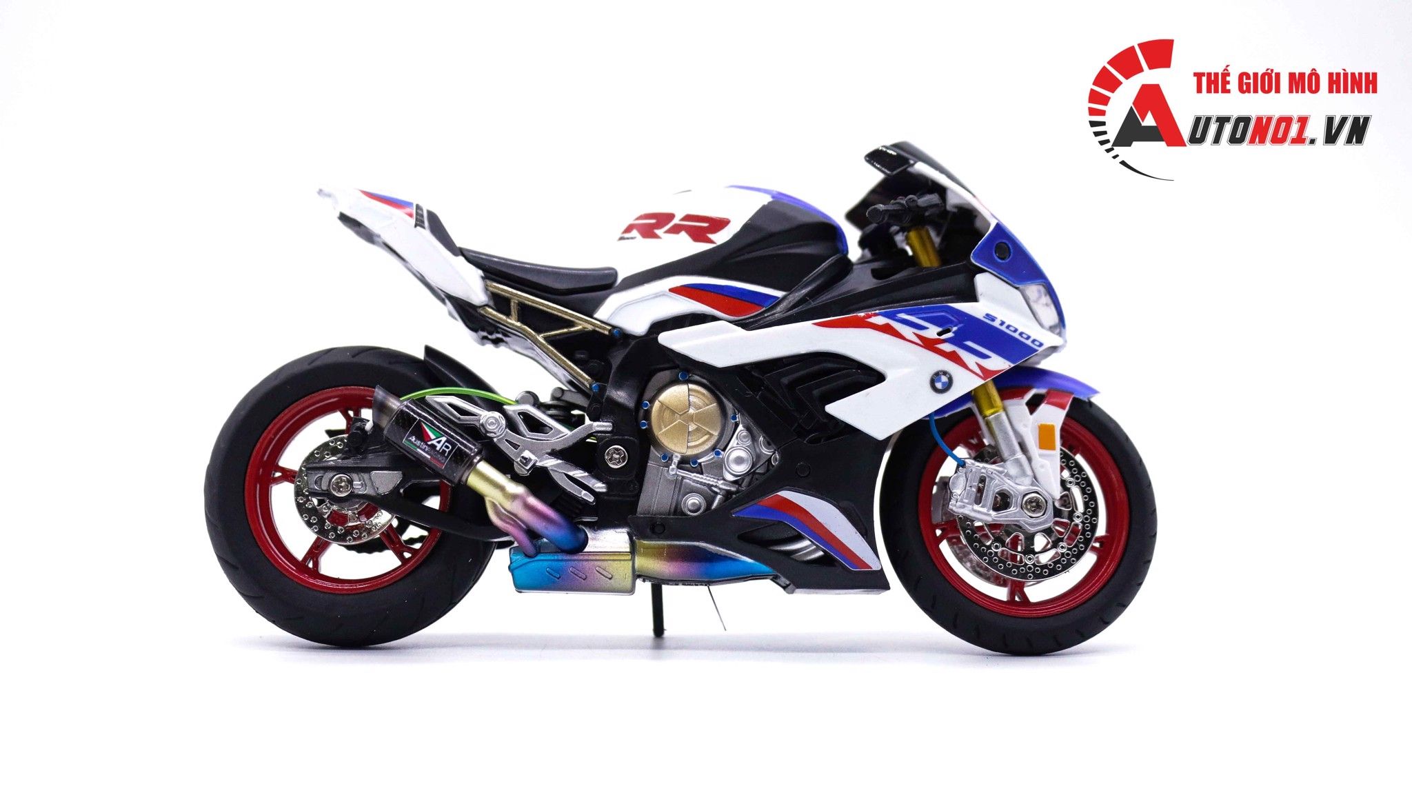  Mô hình xe độ Bmw S1000rr White Blue 2020 độ Pô 1:12 Autono1 Alloy D160E 