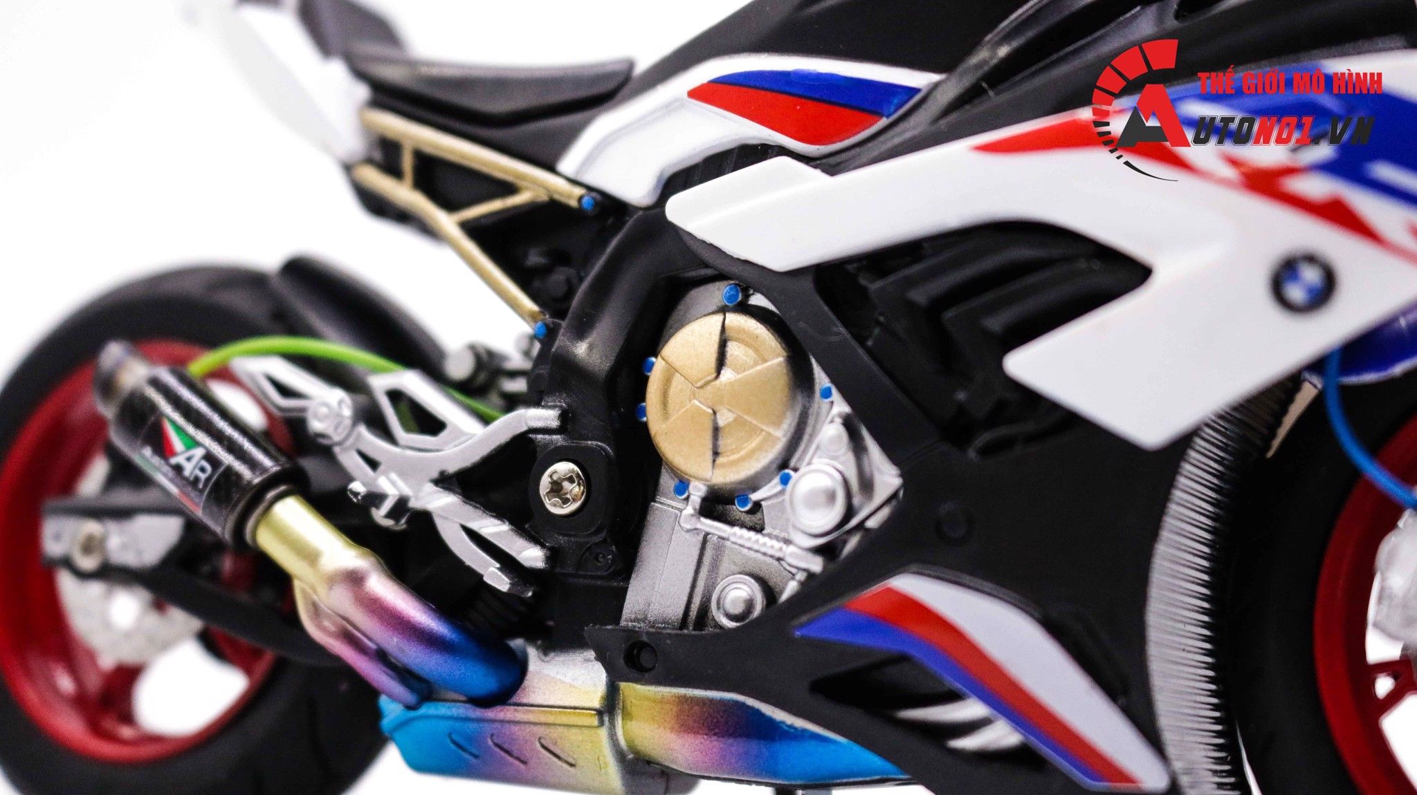  Mô hình xe độ Bmw S1000rr White Blue 2020 độ Pô 1:12 Autono1 Alloy D160E 