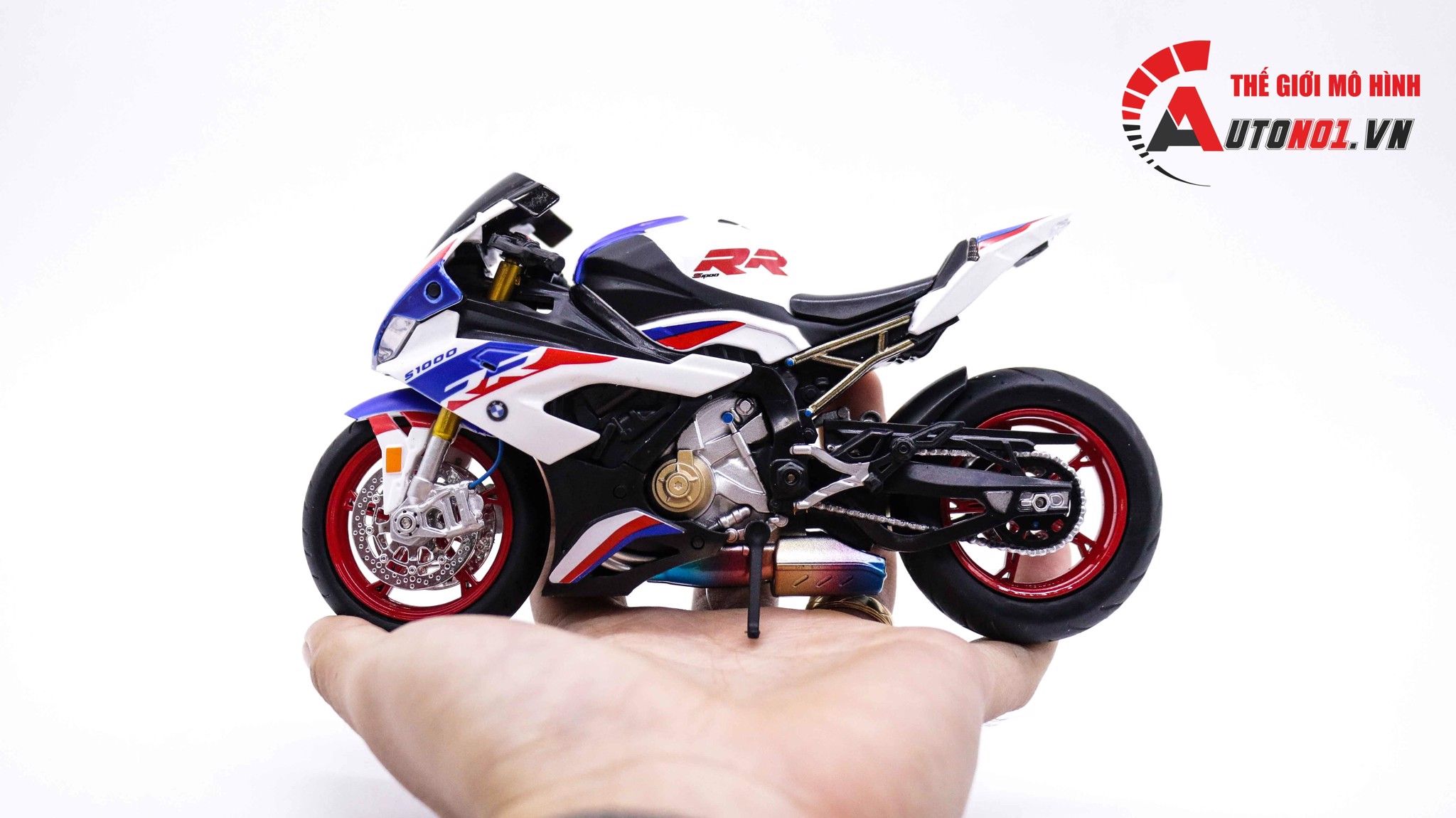  Mô hình xe độ Bmw S1000rr White Blue 2020 độ Pô 1:12 Autono1 Alloy D160E 