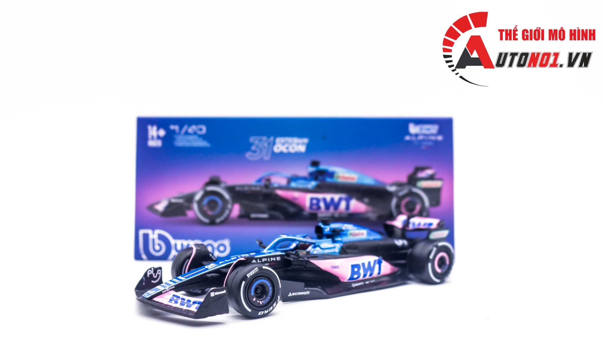  Mô hình xe đua F1 Formula BWT Alpine 2023 hộp mica có figure tỉ lệ 1:43 Bburago OT325 