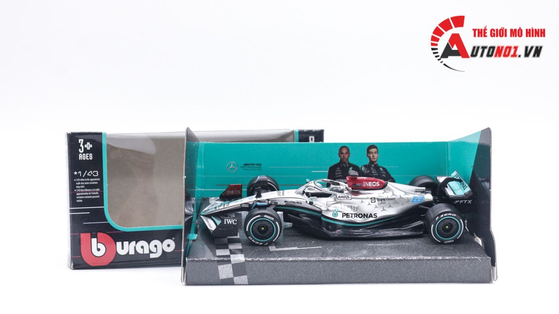  Mô hình xe đua F1 Mercedes AMG Petronas F1 W13 2022 #63 Hybrid 1:43 Bburago OT003 