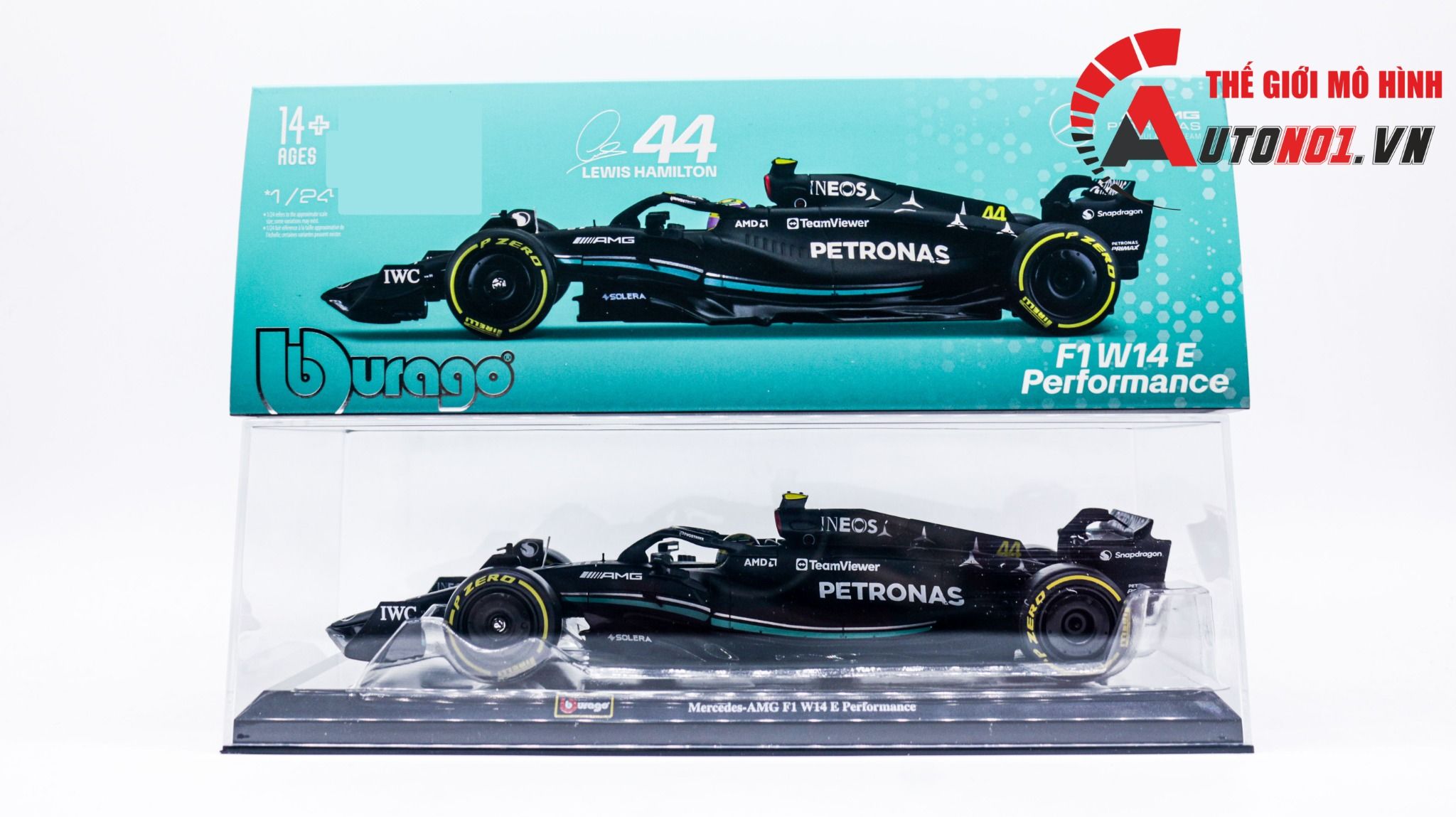  Mô hình xe đua F1 Formula Mercedes Benz Petronas 2023 W14 hộp mica có figure tỉ lệ 1:24 Bburago OT328 