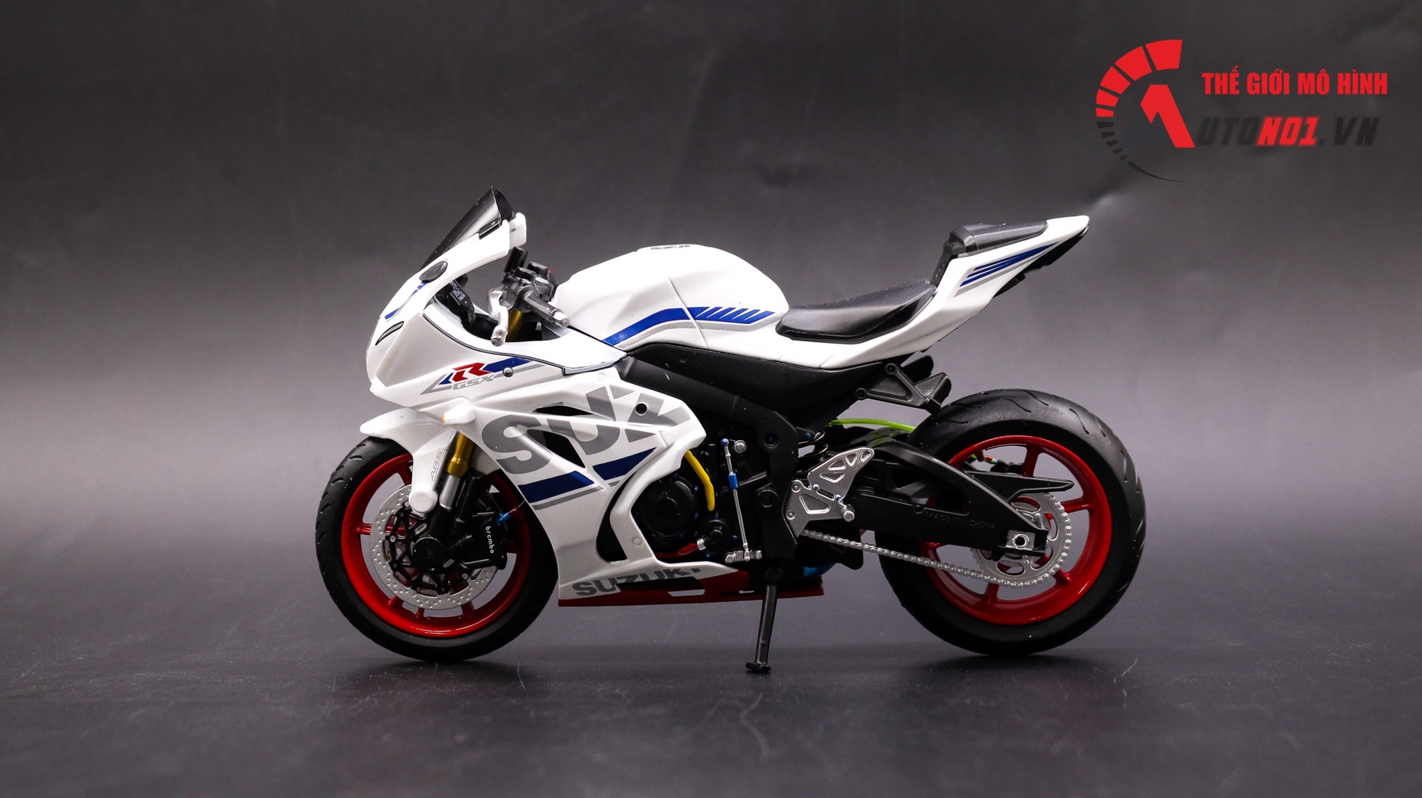 MÔ HÌNH XE ĐỘ SUZUKI GSX-R1000 TRẮNG ĐỘ MÂM - ĐỘ PÔ KIM LOẠI AR BLUE 1:12 AUTONO1 D110