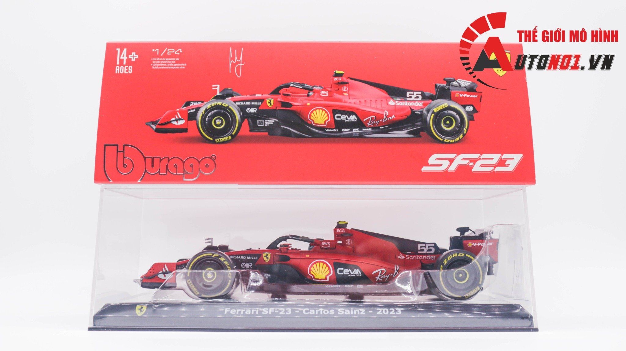  Mô hình xe đua F1 Ferrari Formular Sf23 2023 có hộp mica tỉ lệ 1:24 Bburago OT333 