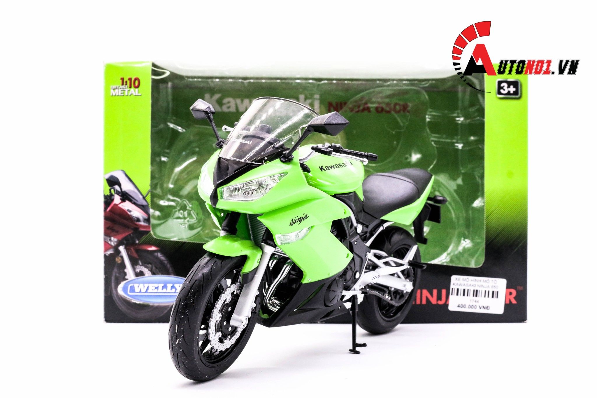  Mô hình xe mô tô Kawasaki Ninja 650R 2009 green tỉ lệ 1:10 Welly 1744 
