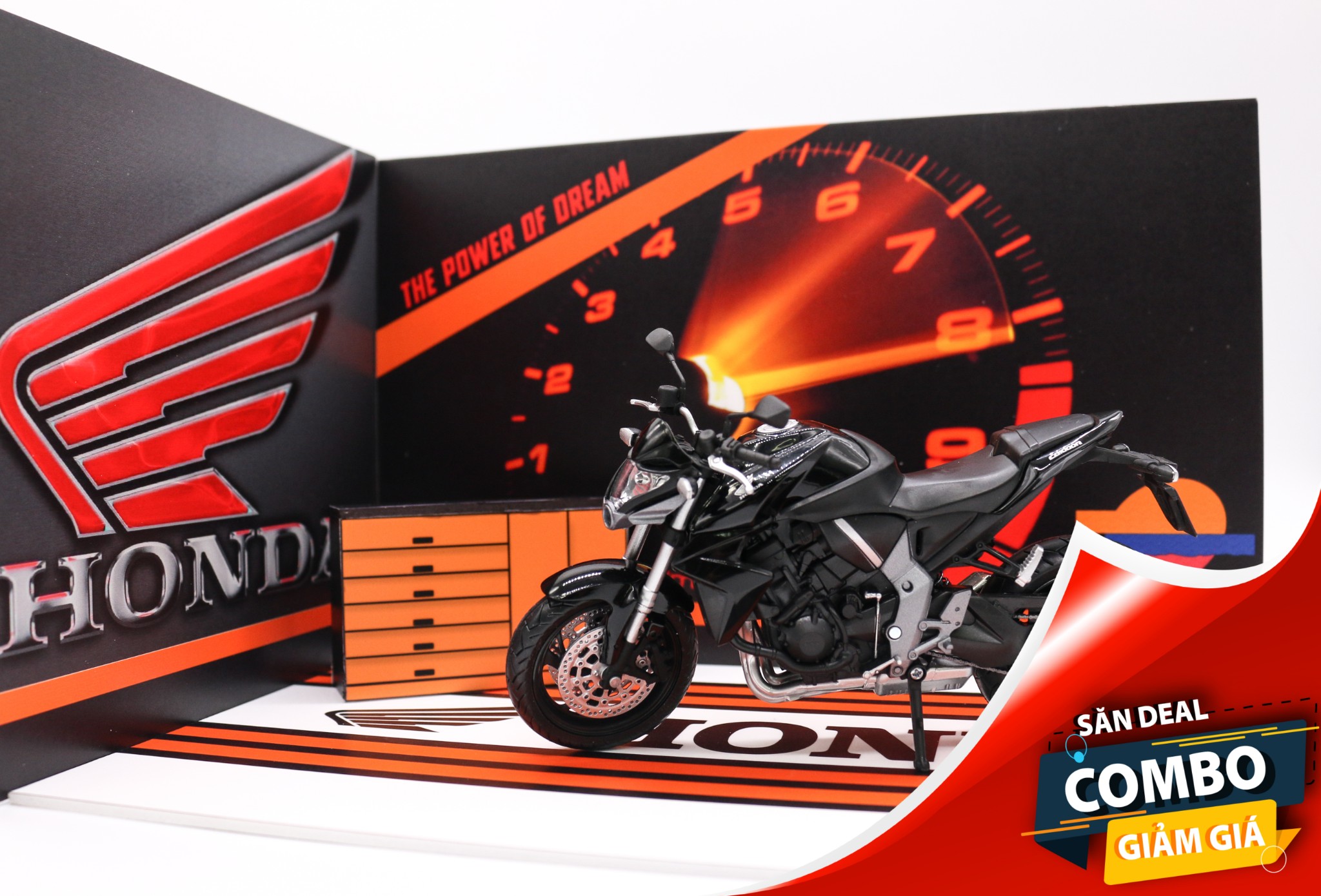 COMBO MÔ HÌNH XE & SHOWROOM TRƯNG BÀY HONDA CBR 1000R MÔ TÔ 1:12 29.5X21X19CM CB006