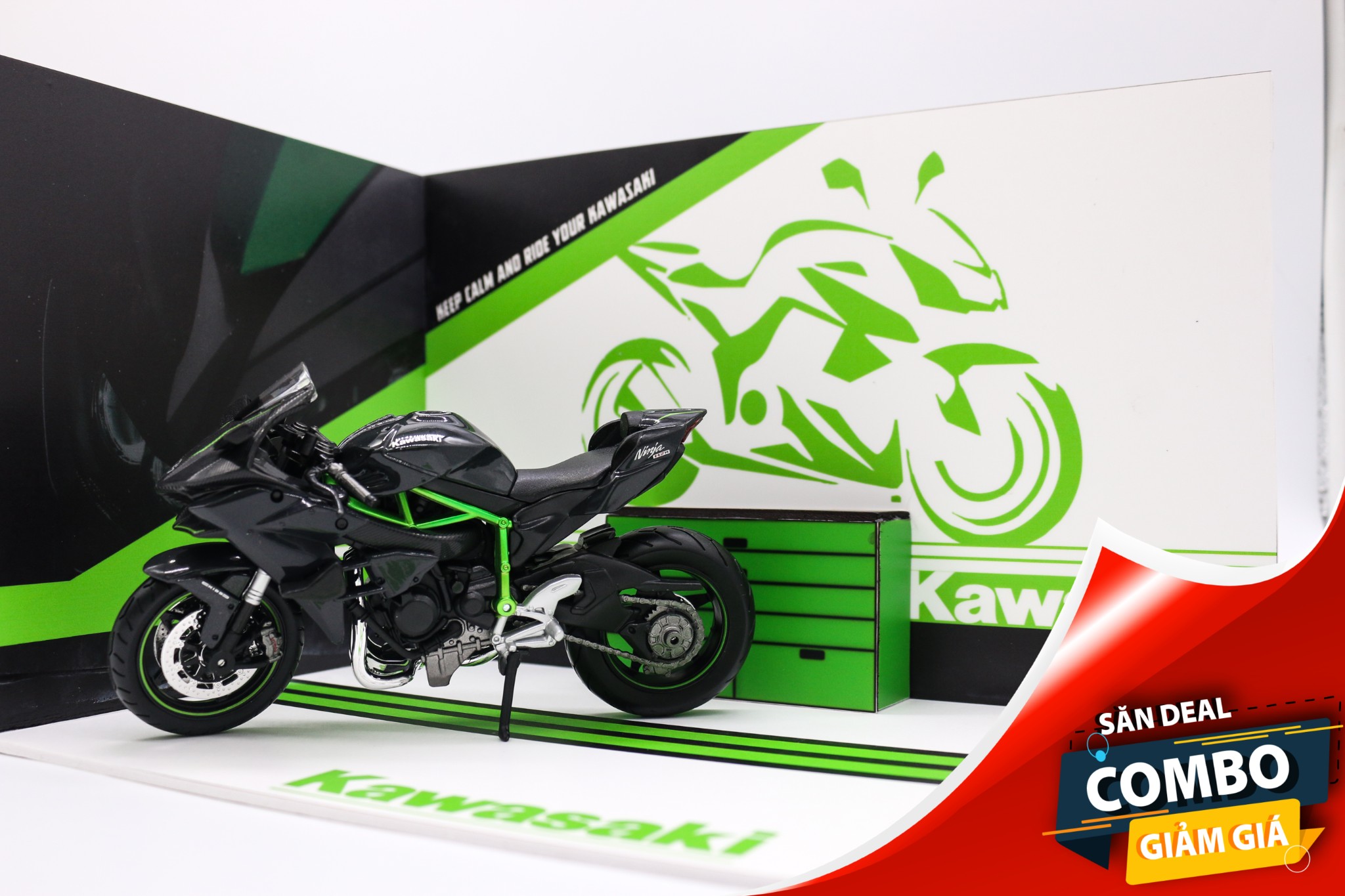 COMBO MÔ HÌNH XE & SHOWROOM TRƯNG BÀY KAWASAKI H2R MÔ TÔ 1:12 29.5X21X19CM CB004