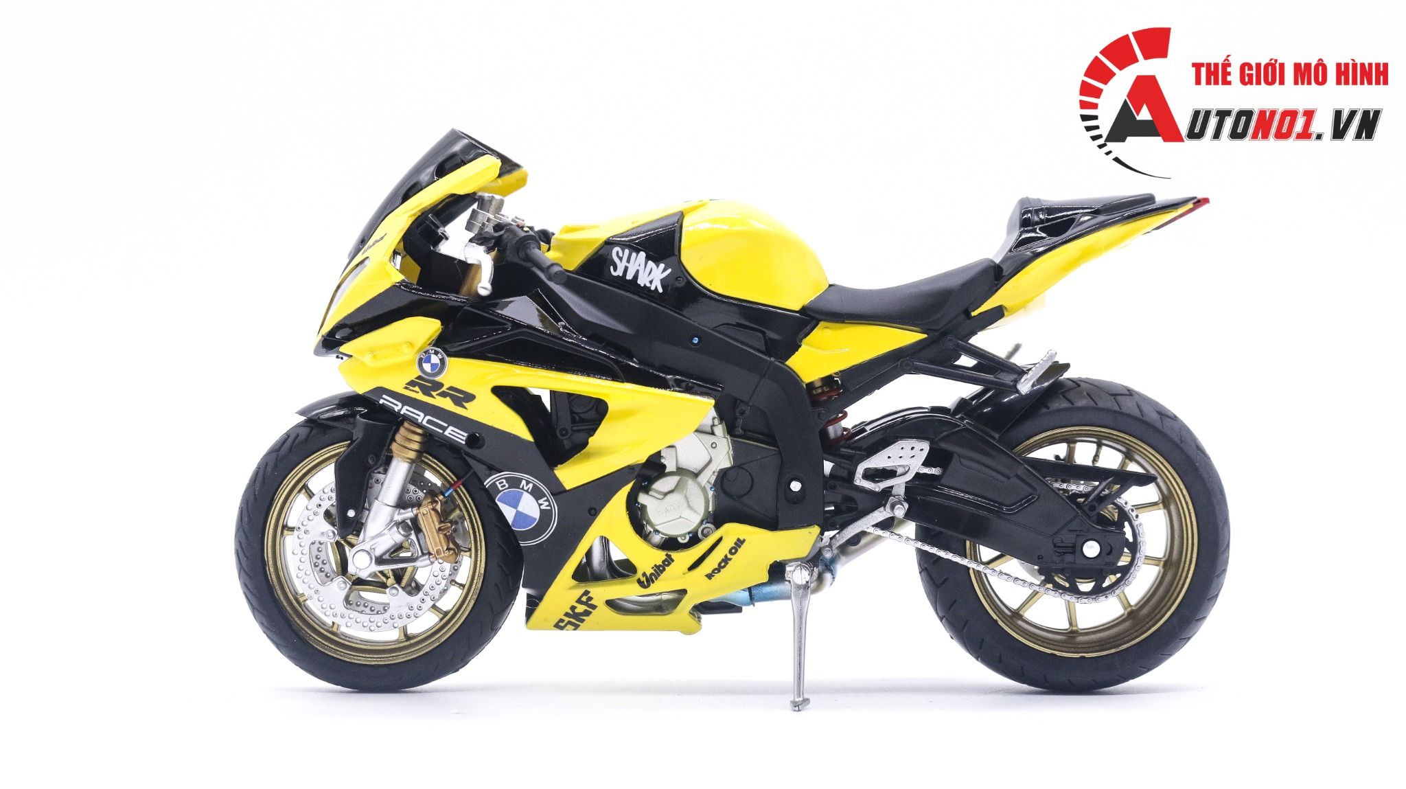  Mô hình xe độ BMW S1000RR Cá Mập vàng độ mâm - độ pô tỉ lệ 1:12 Autono1 Joycity D022G 