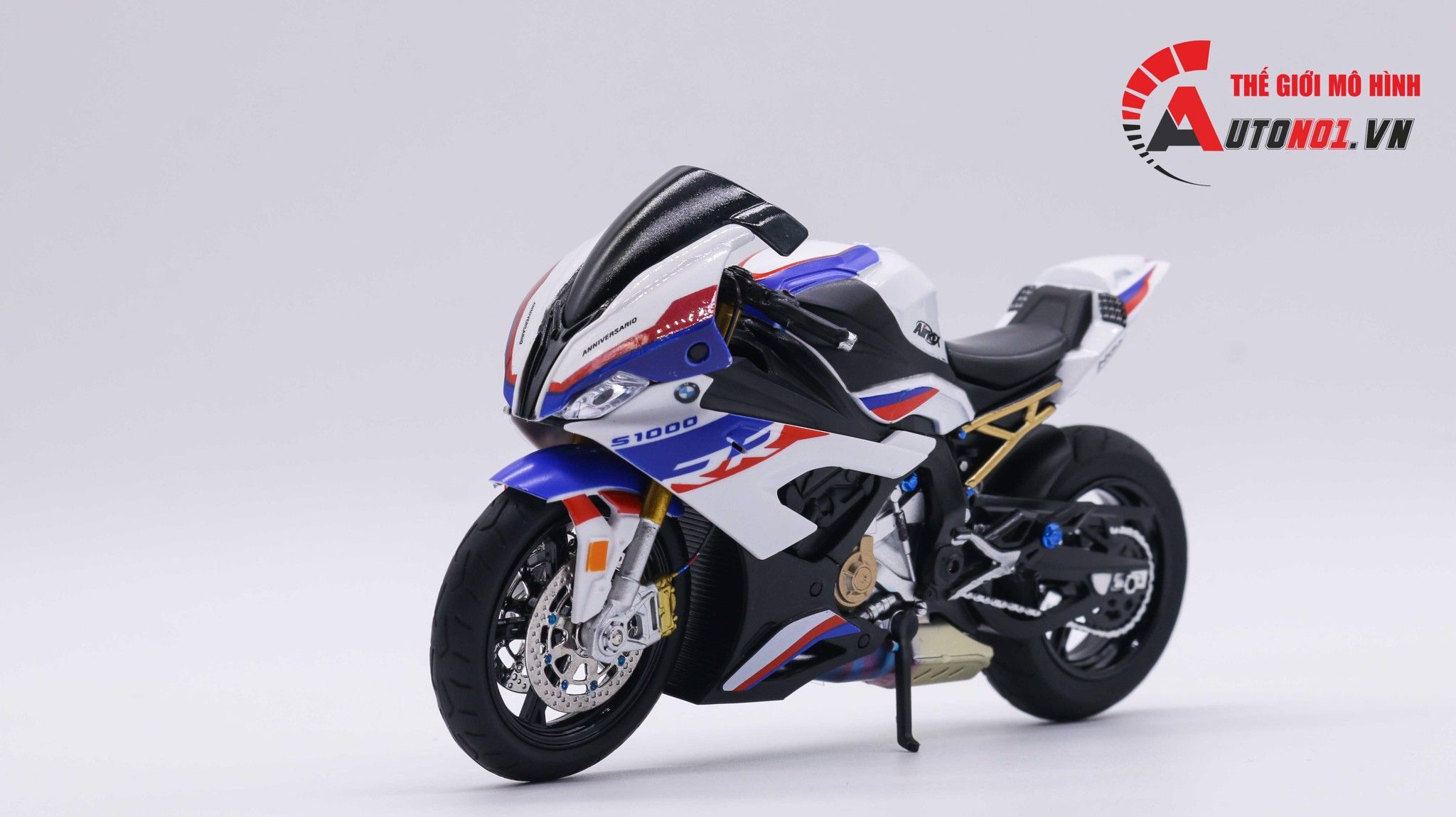  Mô hình xe độ Bmw S1000rr White Blue 2020 độ Pô 1:12 Autono1 Alloy D160E 