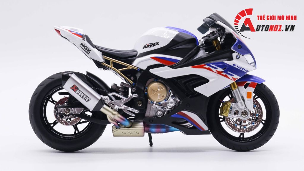 MÔ HÌNH BMW S1000RR WHITE BLUE 2020 ĐỘ PÔ AKRAPOVIC 1:12 D116