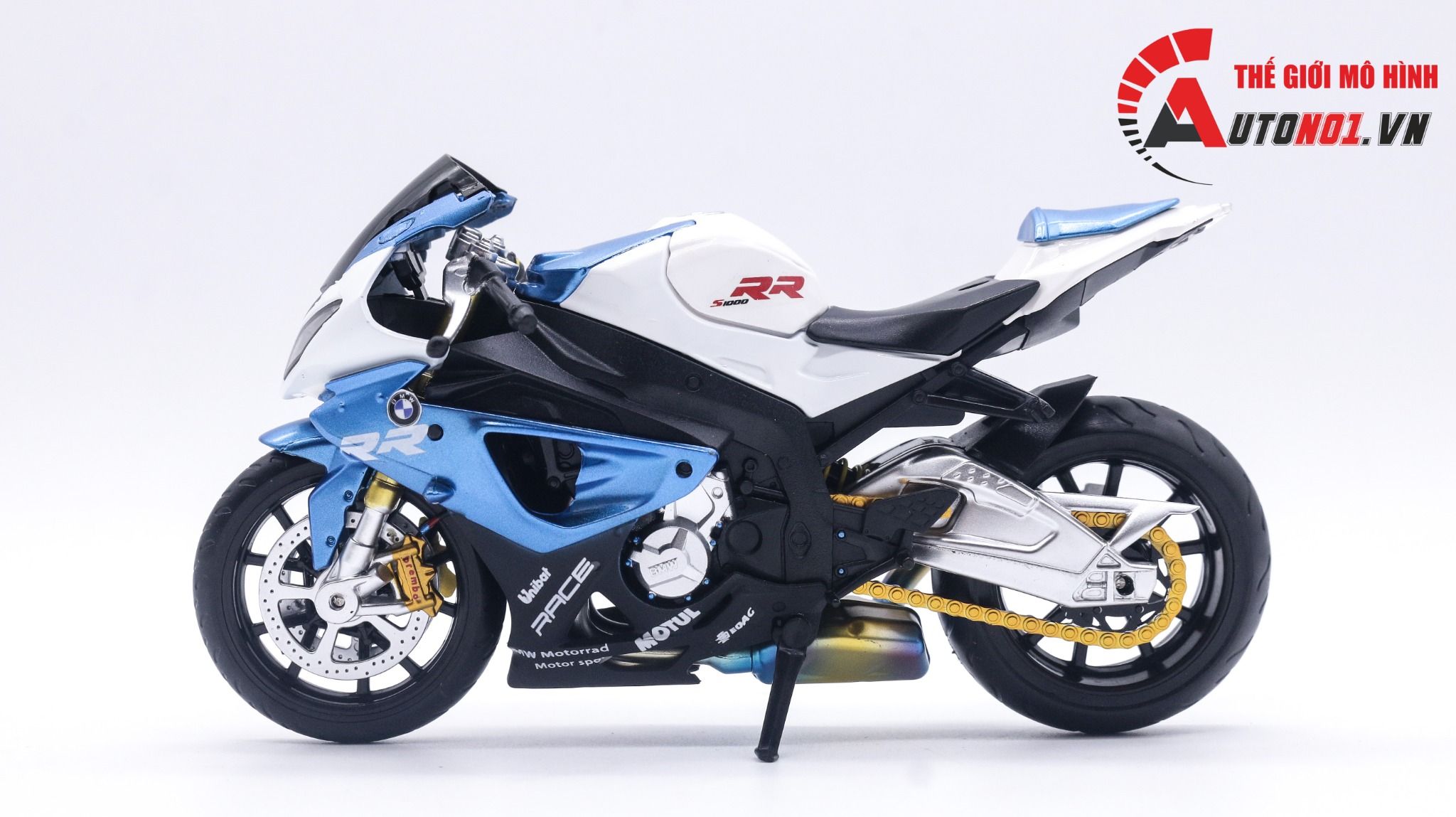  Mô hình xe độ Bmw S1000rr Blue White Pô Sc - Mâm Tỉ Lệ 1:12 Autono1 MSZ D224E 