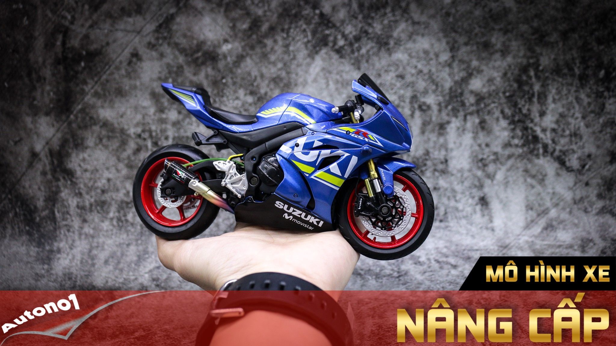  Mô hình xe độ Suzuki Gsx-R1000 Mâm độ pô Blue 1:12 Autono1 MSZ D110B 