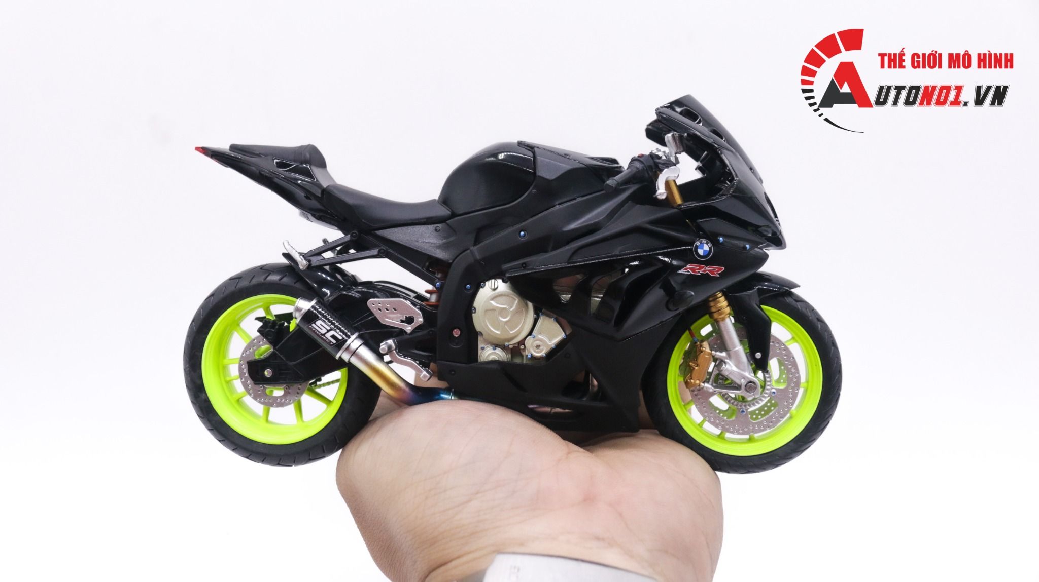  Mô hình xe độ BMW S1000RR black độ pô, độ mâm 1:12 Autono1 Joycity D022K 