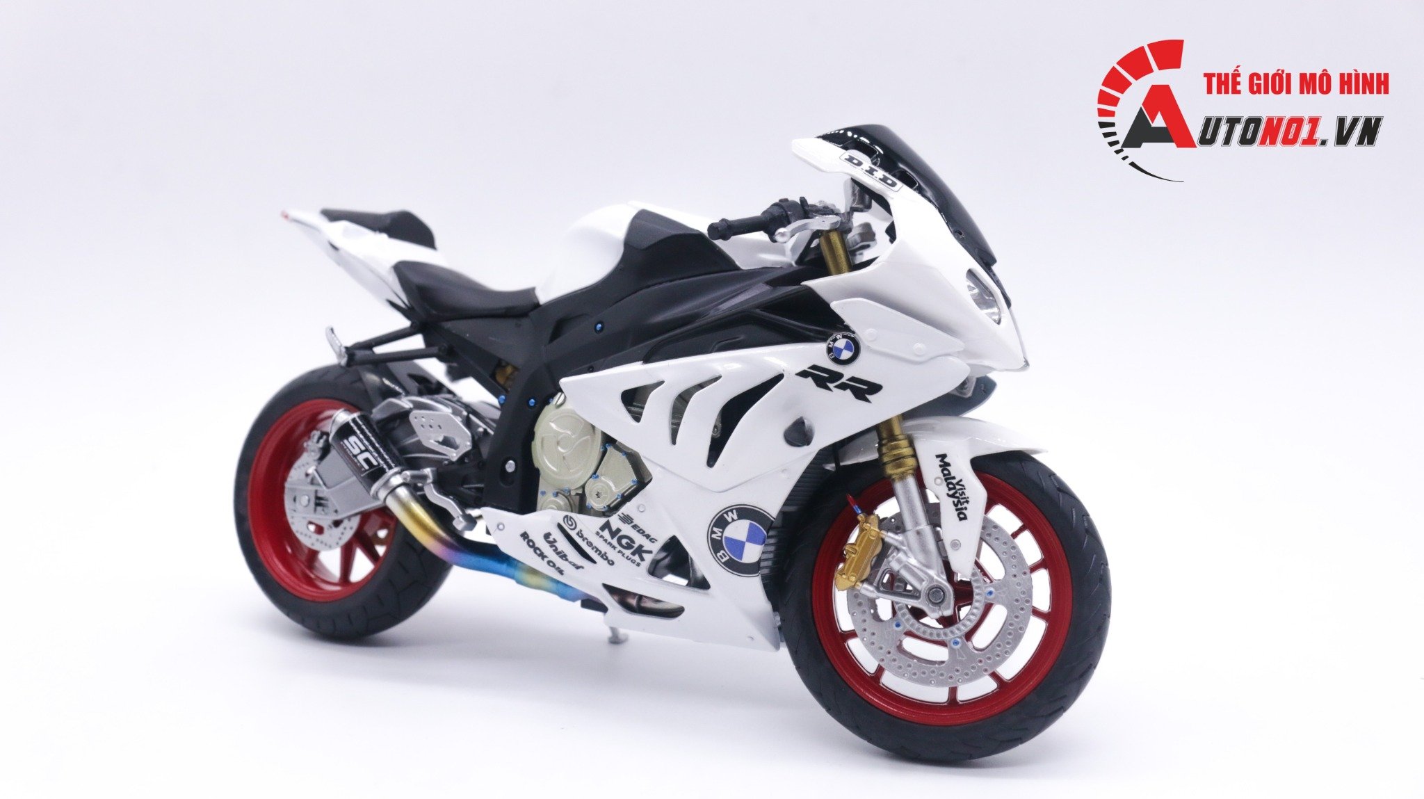  Mô hình xe độ BMW S1000RR white độ pô, độ mâm 1:12 Autono1 Joycity D022J 