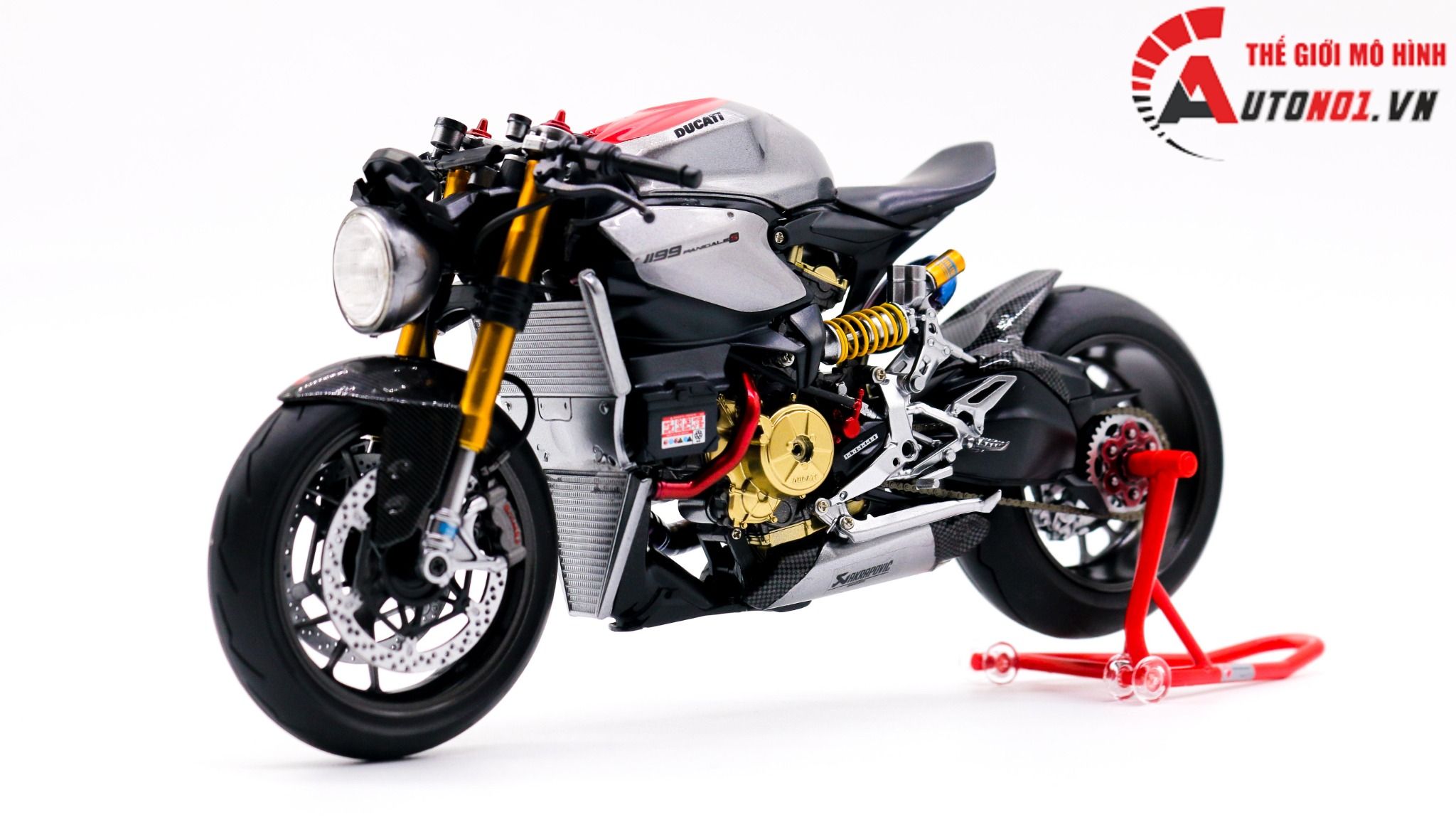  Mô hình xe cao cấp Ducati 1199 Panigale Cafe Racer Grey Red cao cấp nồi khô ghi đông mâm căm 1:12 Tamiya D201 