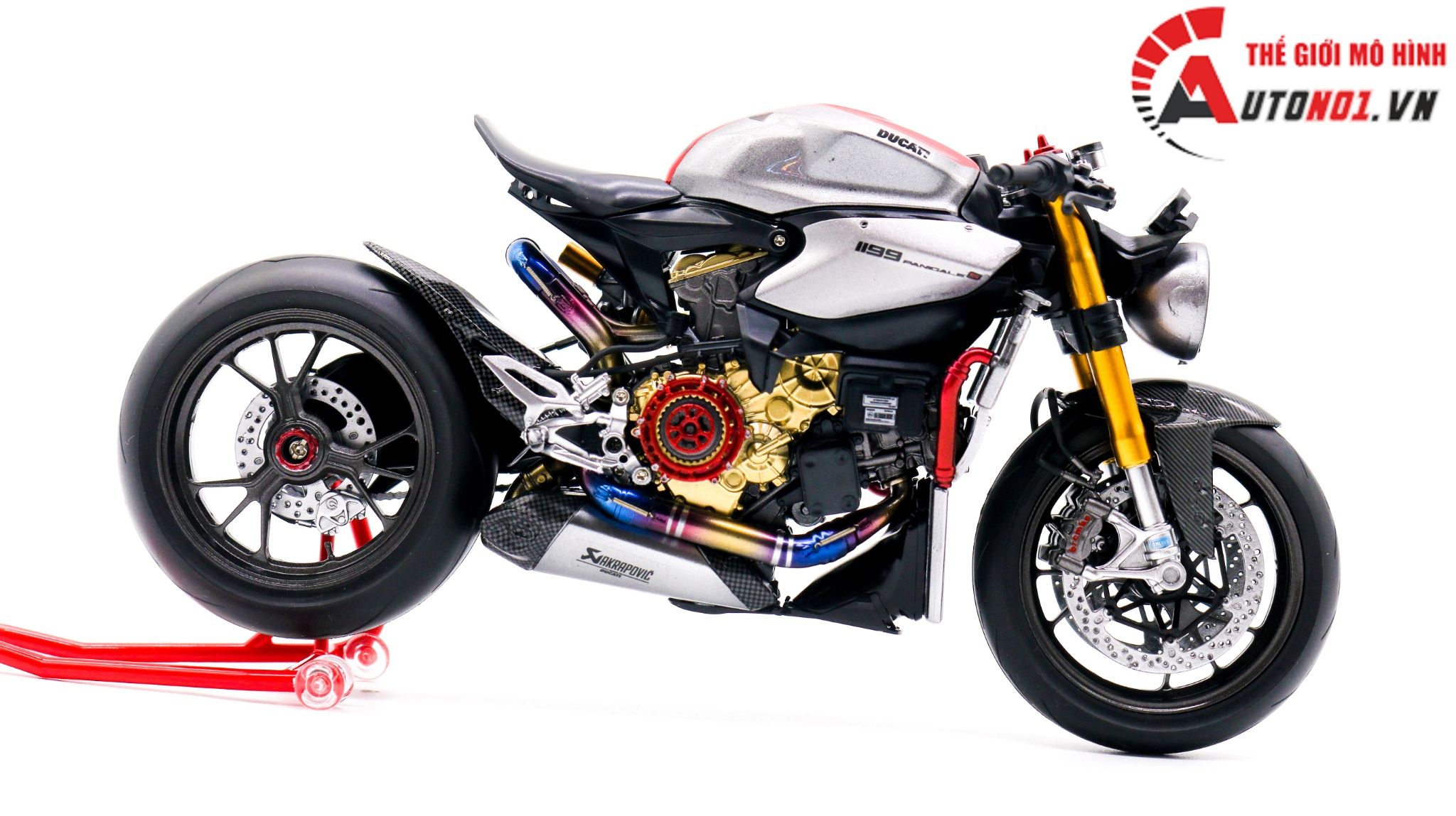  Mô hình xe cao cấp Ducati 1199 Panigale Cafe Racer Grey Red cao cấp nồi khô ghi đông mâm căm 1:12 Tamiya D201 