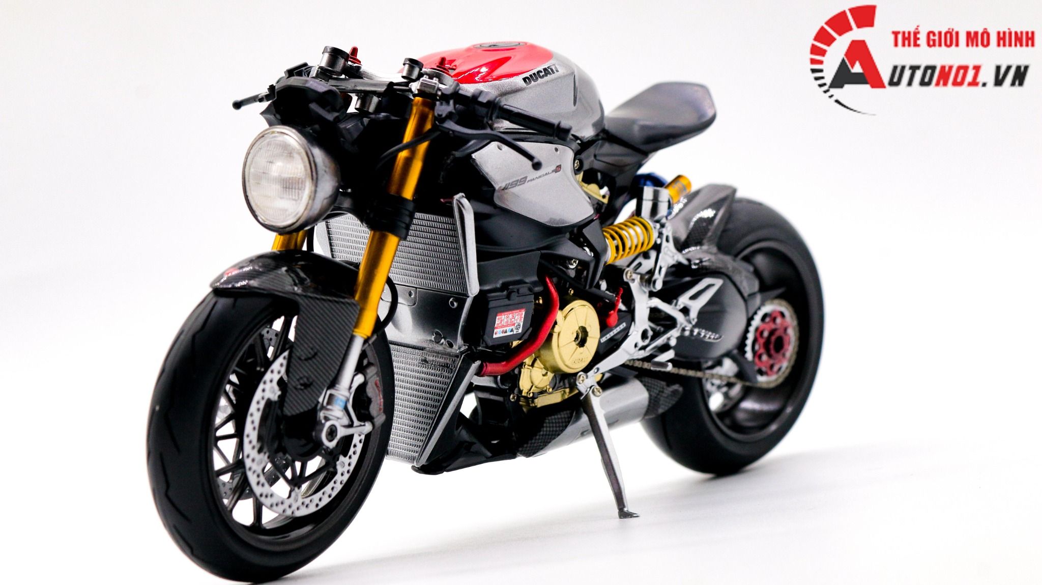  Mô hình xe cao cấp Ducati 1199 Panigale Cafe Racer Grey Red cao cấp nồi khô ghi đông mâm căm 1:12 Tamiya D201 