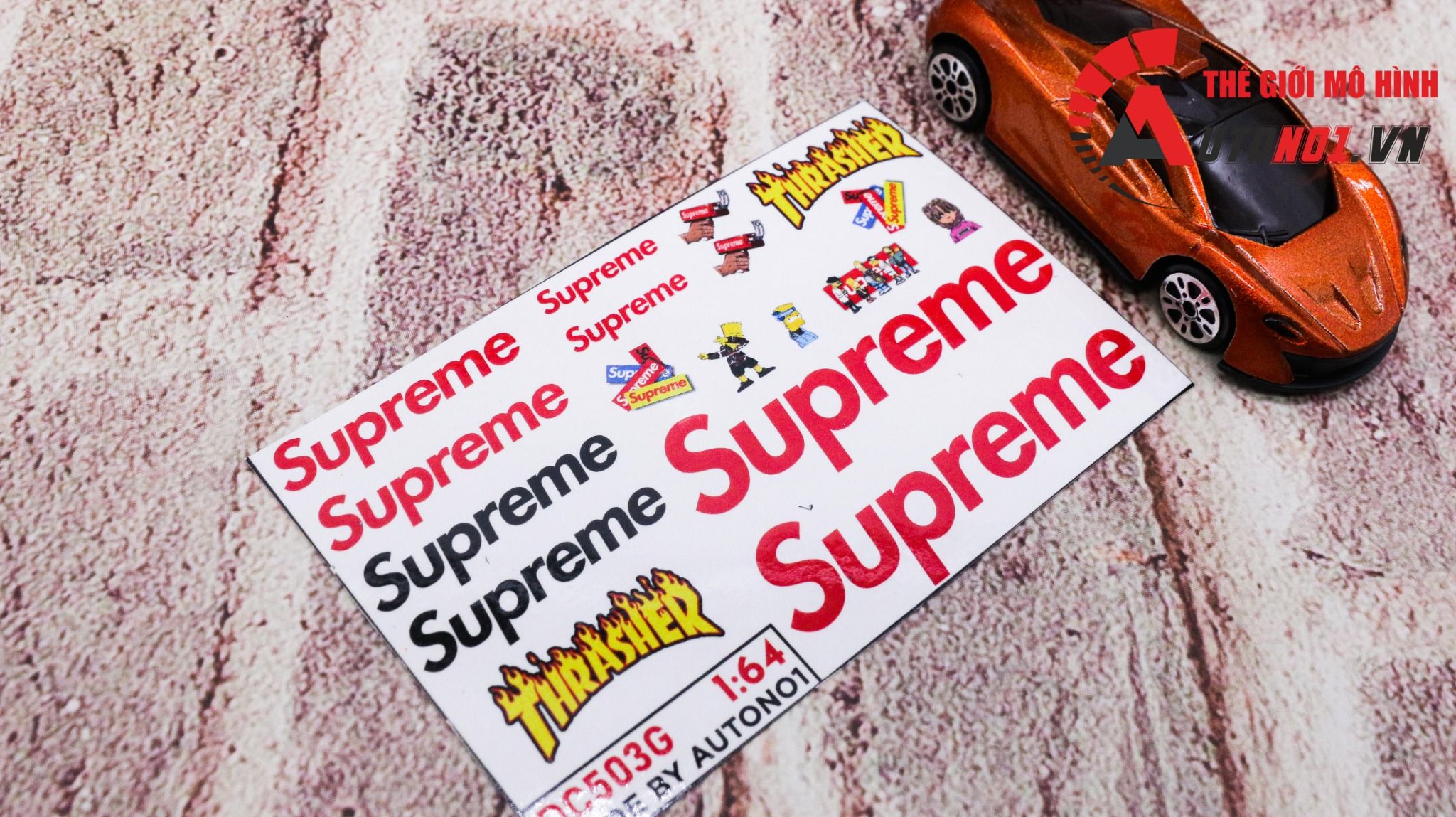  Decal nước trang trí Supreme Thrasher dán mọi nền màu cho xe mô hình tỉ lệ 1:64 DC503 