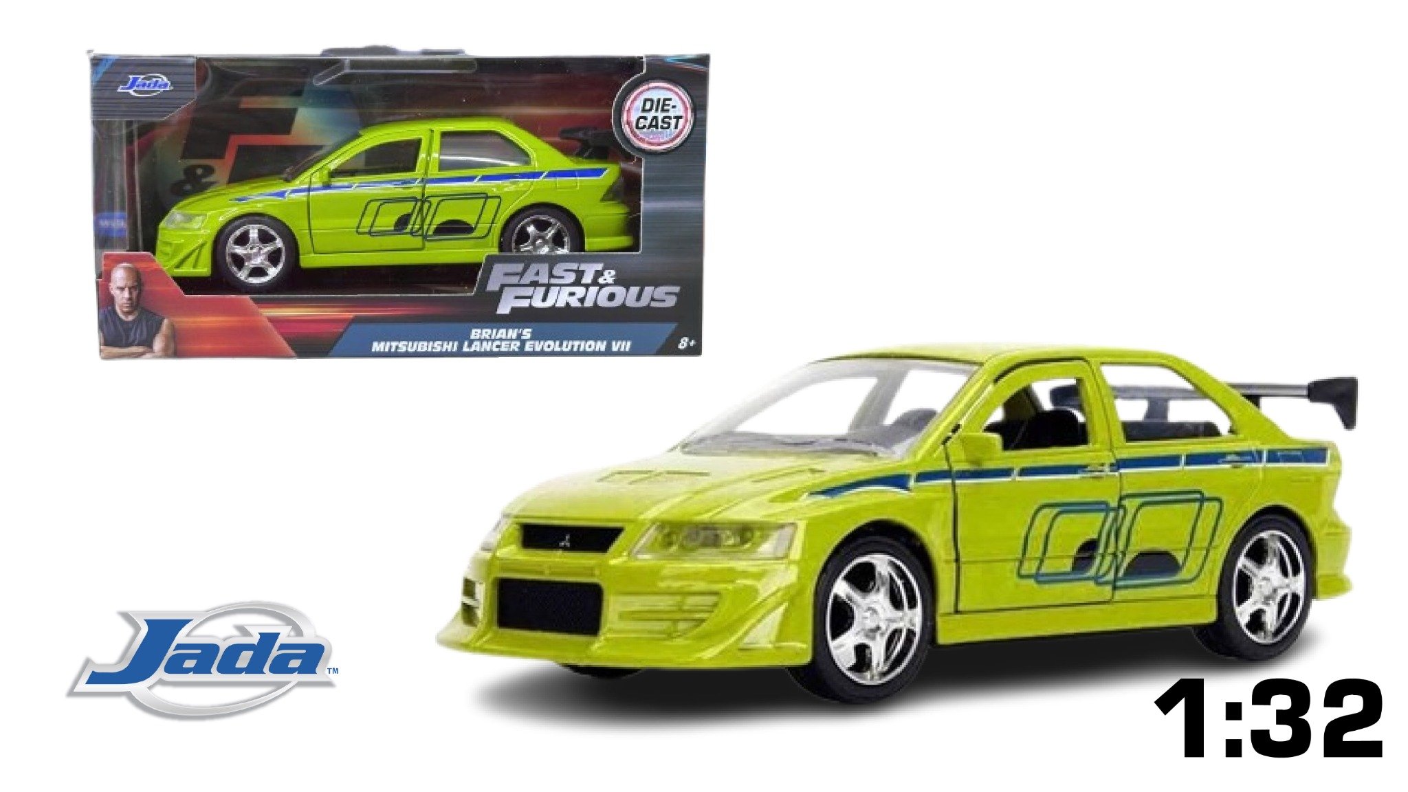  Mô hình xe Mitsubishi Lancer EVO VII (Green) Brian's Fast & Furious tỉ lệ 1:32 Jada 24075 