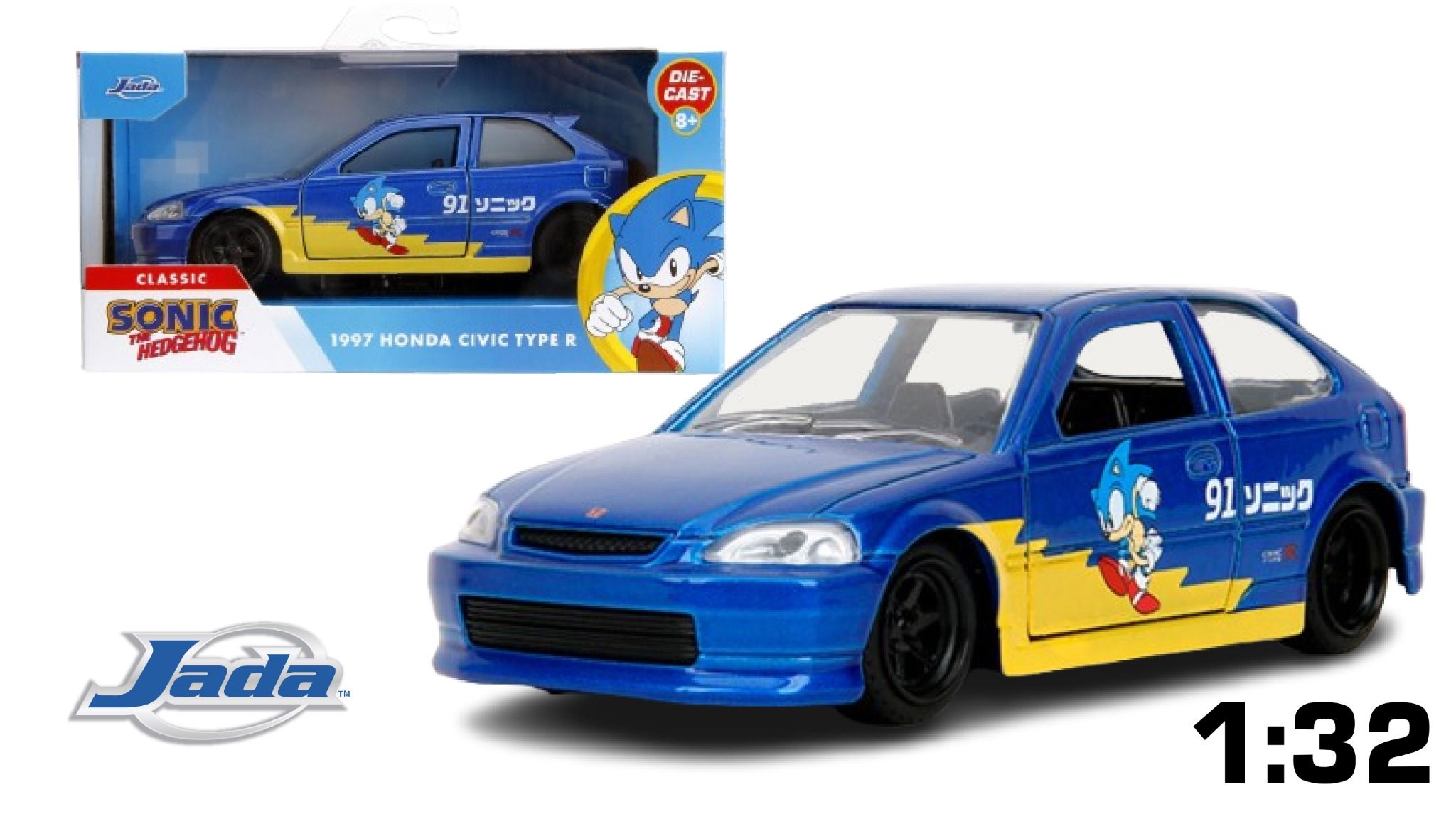  Mô hình xe Sonic The Hedgehog with 1997 Honda Civic Type-R Hollywood Rides tỉ lệ 1:32 JADA TOYS 24078 
