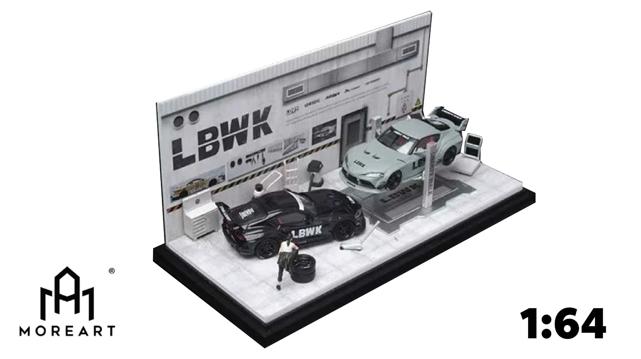  Hộp trưng bày mica xưởng sửa chữa ô tô có bàn nâng , có fig Liberty walk tỉ lệ 1:64 MoreArt 