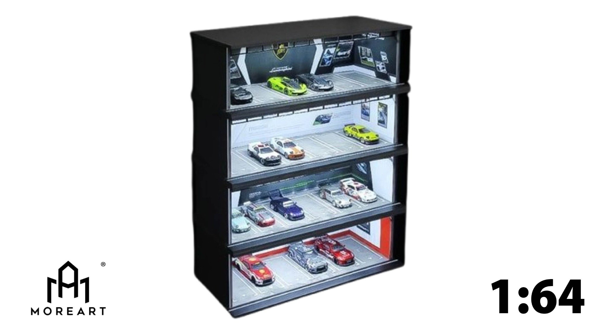  Hộp trưng bày mica mô phỏng bãi đỗ xe LAMBORGHINI kích thước 30x13.3x10cm tỉ lệ 1:64 MoreArt MO914005 