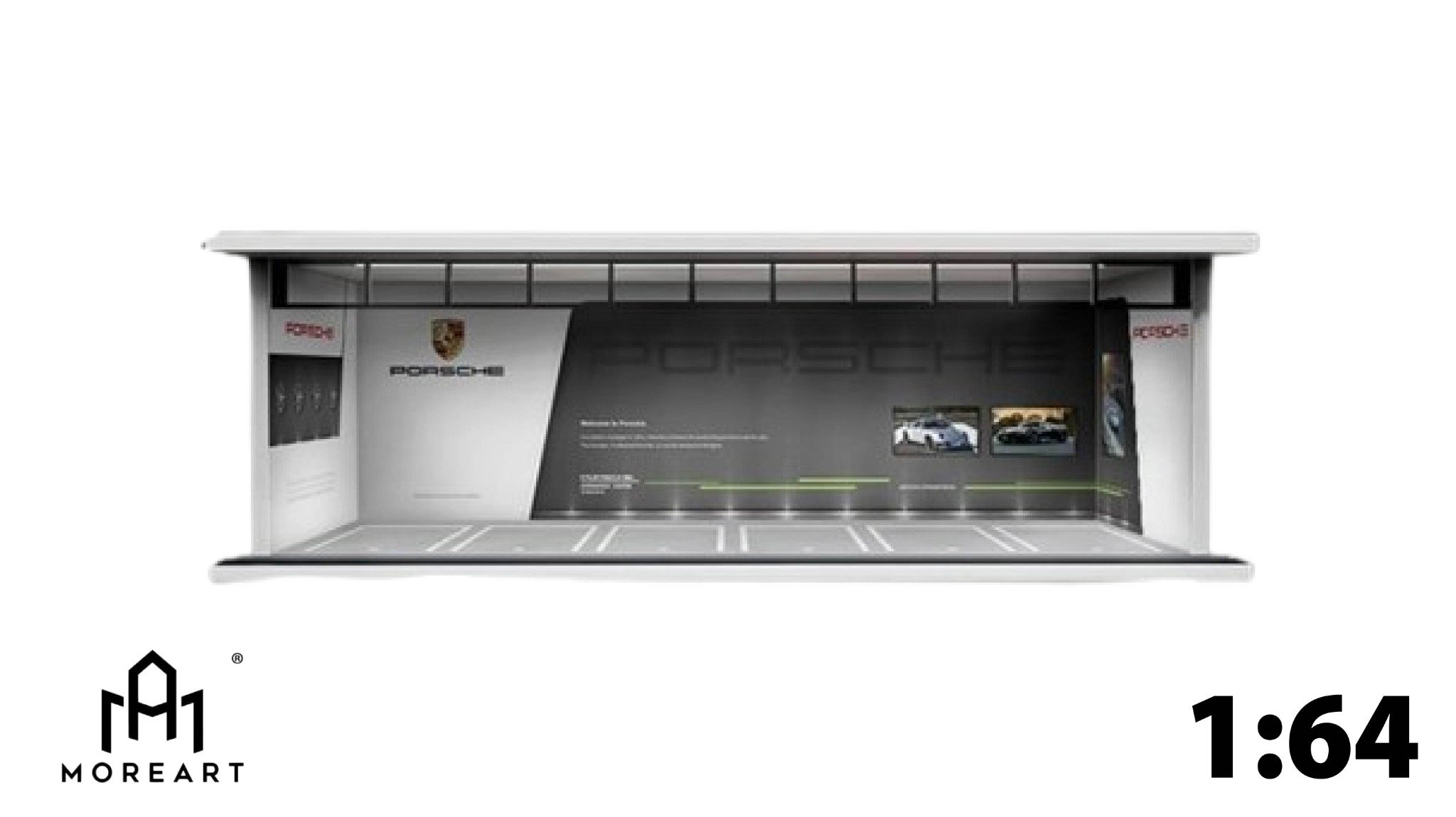  Hộp trưng bày mica mô phỏng bãi đỗ xe PORSCHE kích thước 30x13.3x10cm tỉ lệ 1:64 MoreArt MO914007 