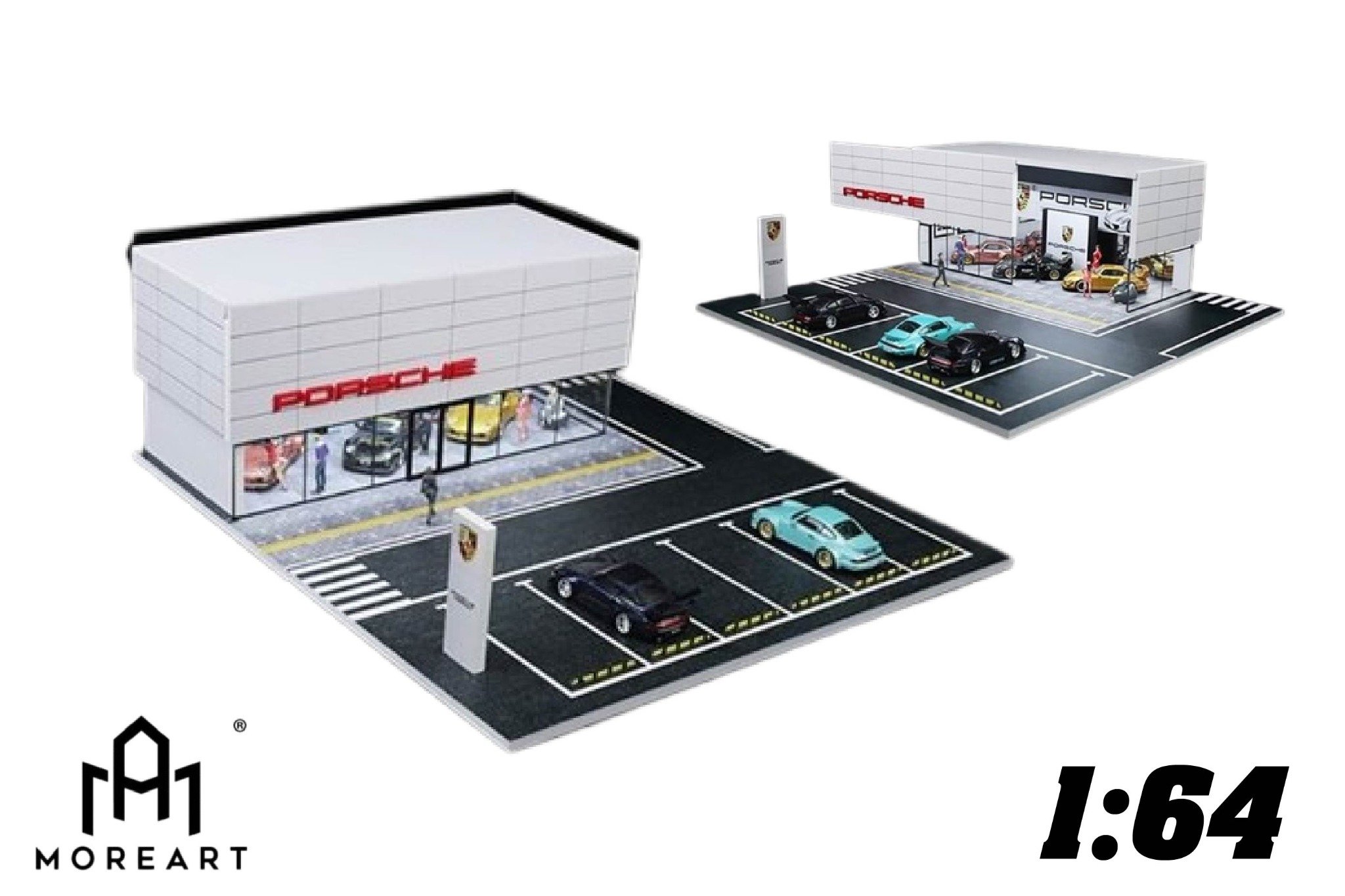  Hộp trưng bày mica mô phỏng showroom Porsche có đèn + bãi đỗ xe kích thước 30x30x10cm tỉ lệ 1:64 MoreArt MO936002 