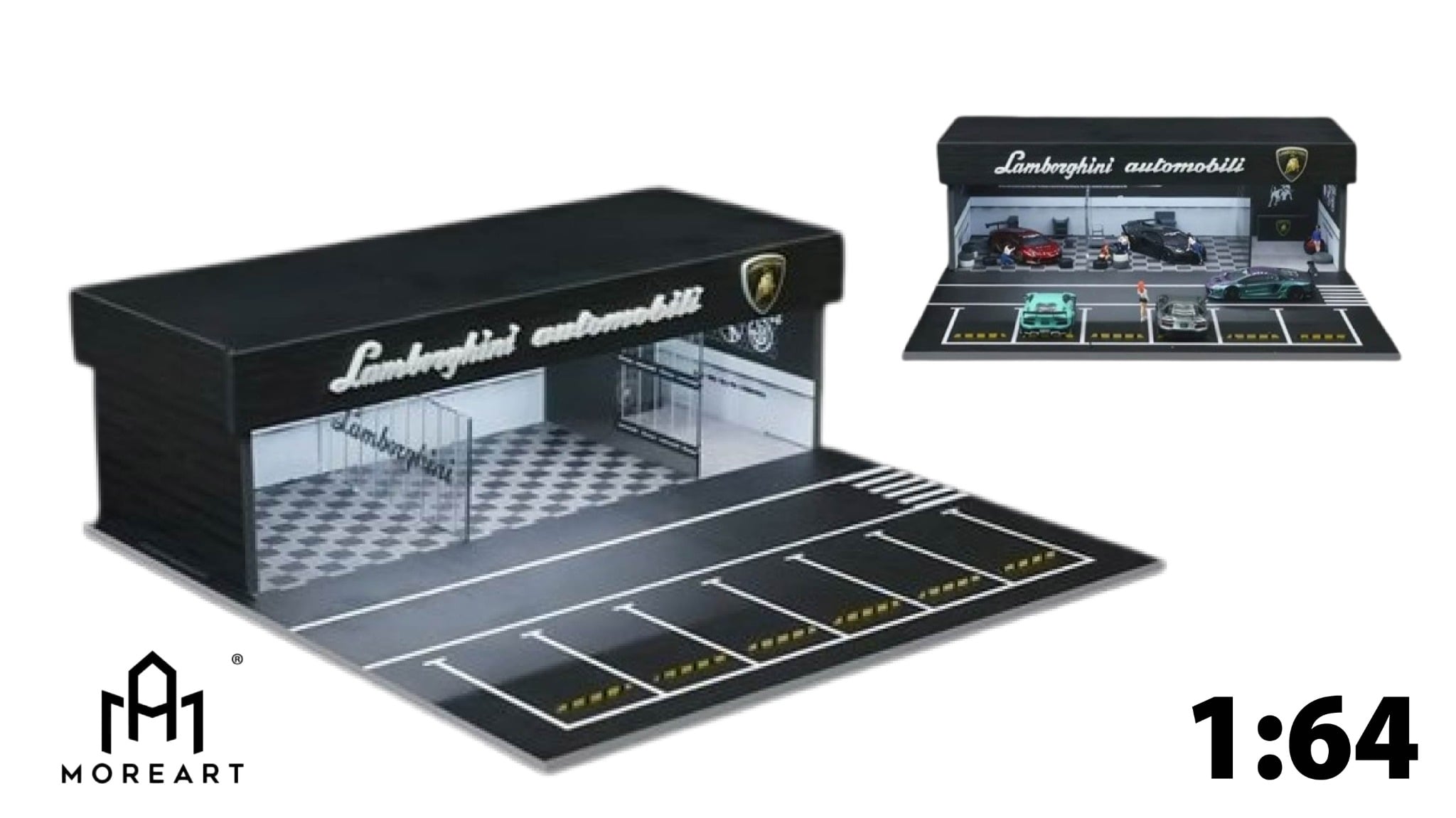  Hộp trưng bày mô phỏng showroom Lamborghini + bãi đỗ xe kích thước 30x30x10cm tỉ lệ 1:64 MoreArt MO936107 